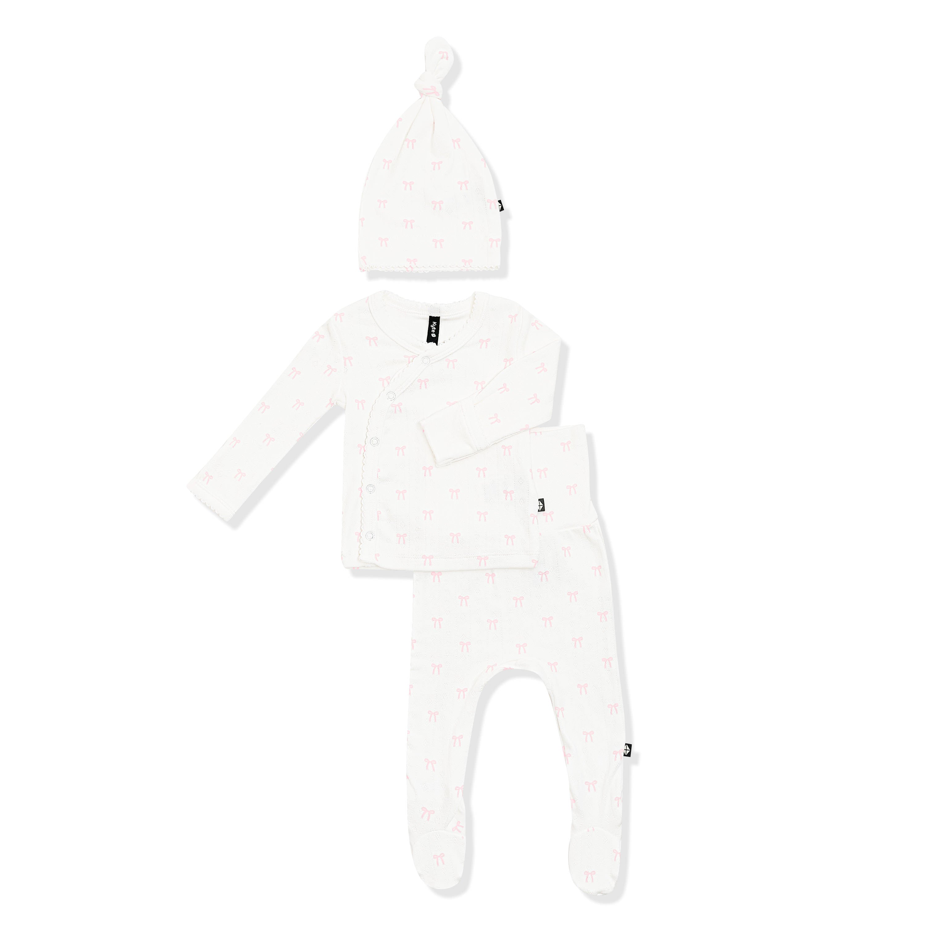 Product photo of the Pointelle Take Me Home Set with Cap in Sweet Pink Bow showing the picot trim on a white surface