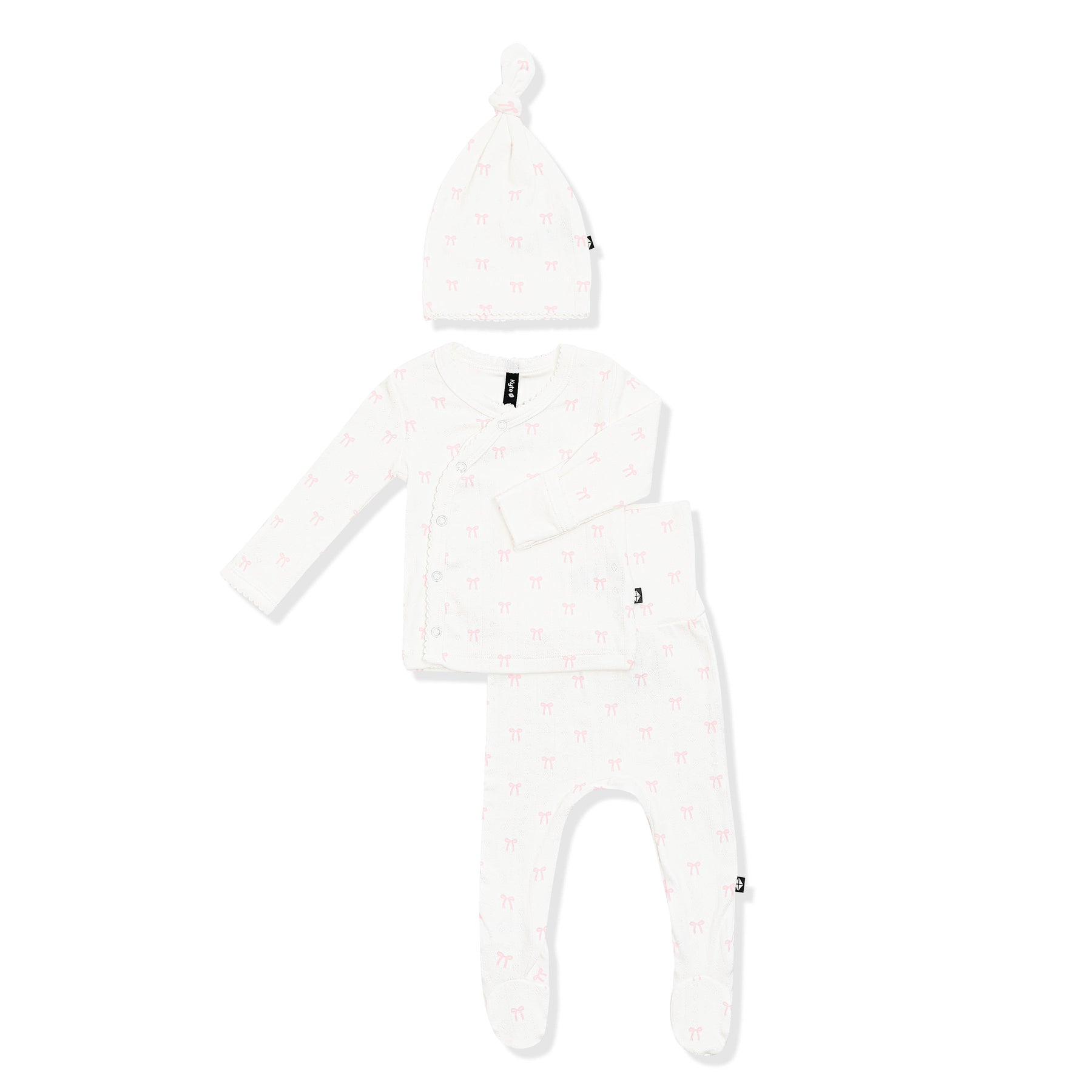 Product photo of the Pointelle Take Me Home Set with Cap in Sweet Pink Bow showing the picot trim on a white surface