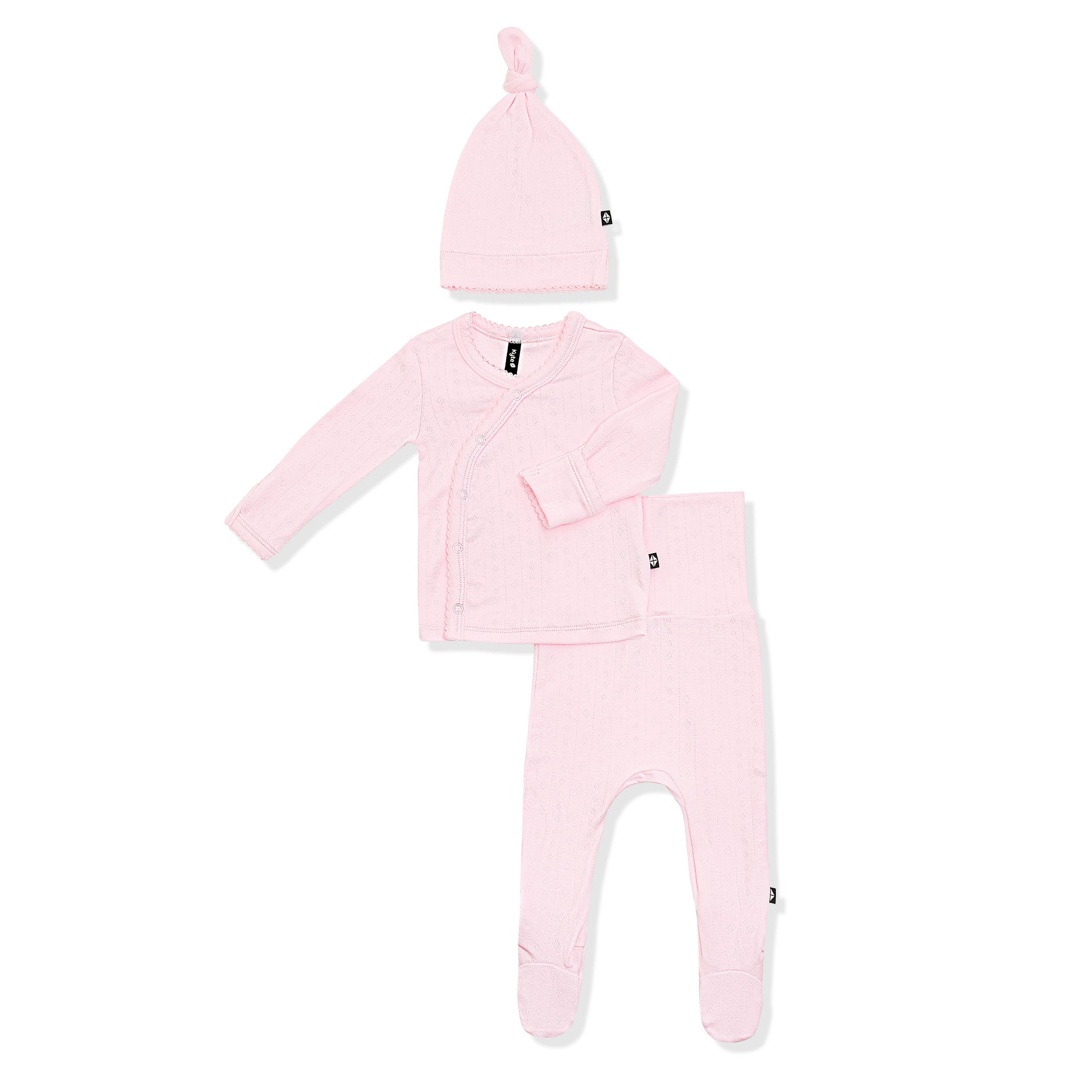 Product photo of the Pointelle Take Me Home Set with Cap in Sakura showing the picot trim on a white background