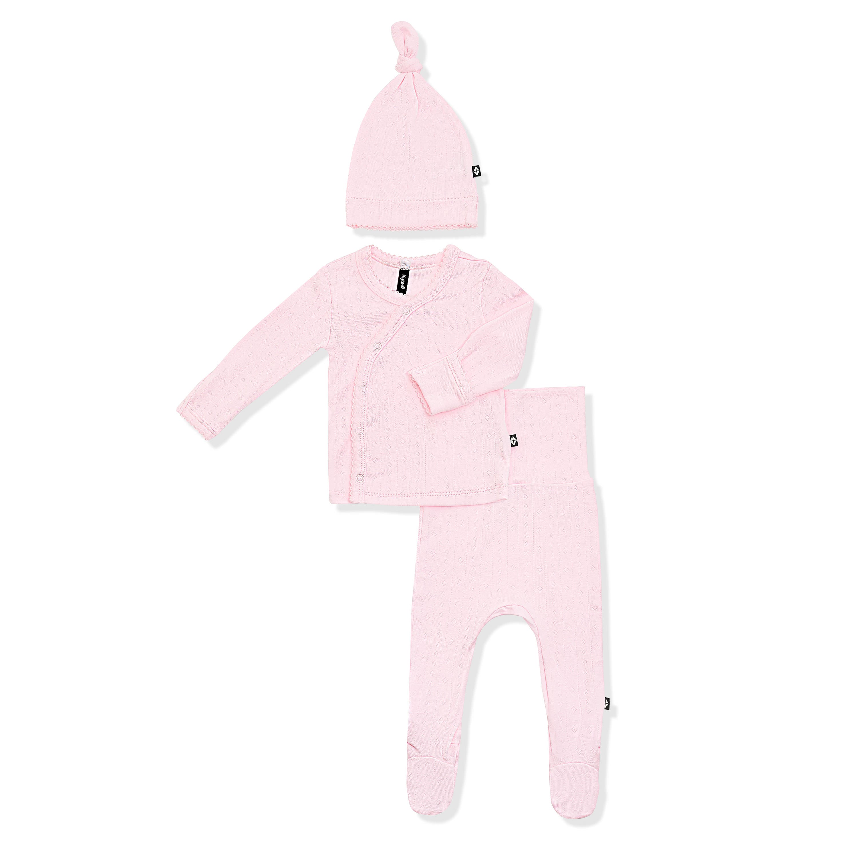 Product photo of the Pointelle Take Me Home Set with Cap in Sakura showing the picot trim on a white background