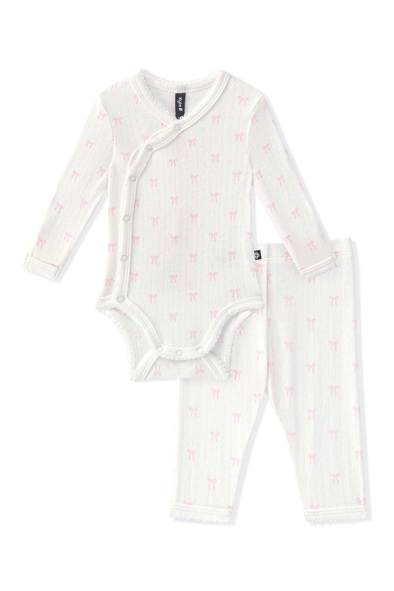 White Pointelle Kimono Set in Sweet Pink Bow print on a white background