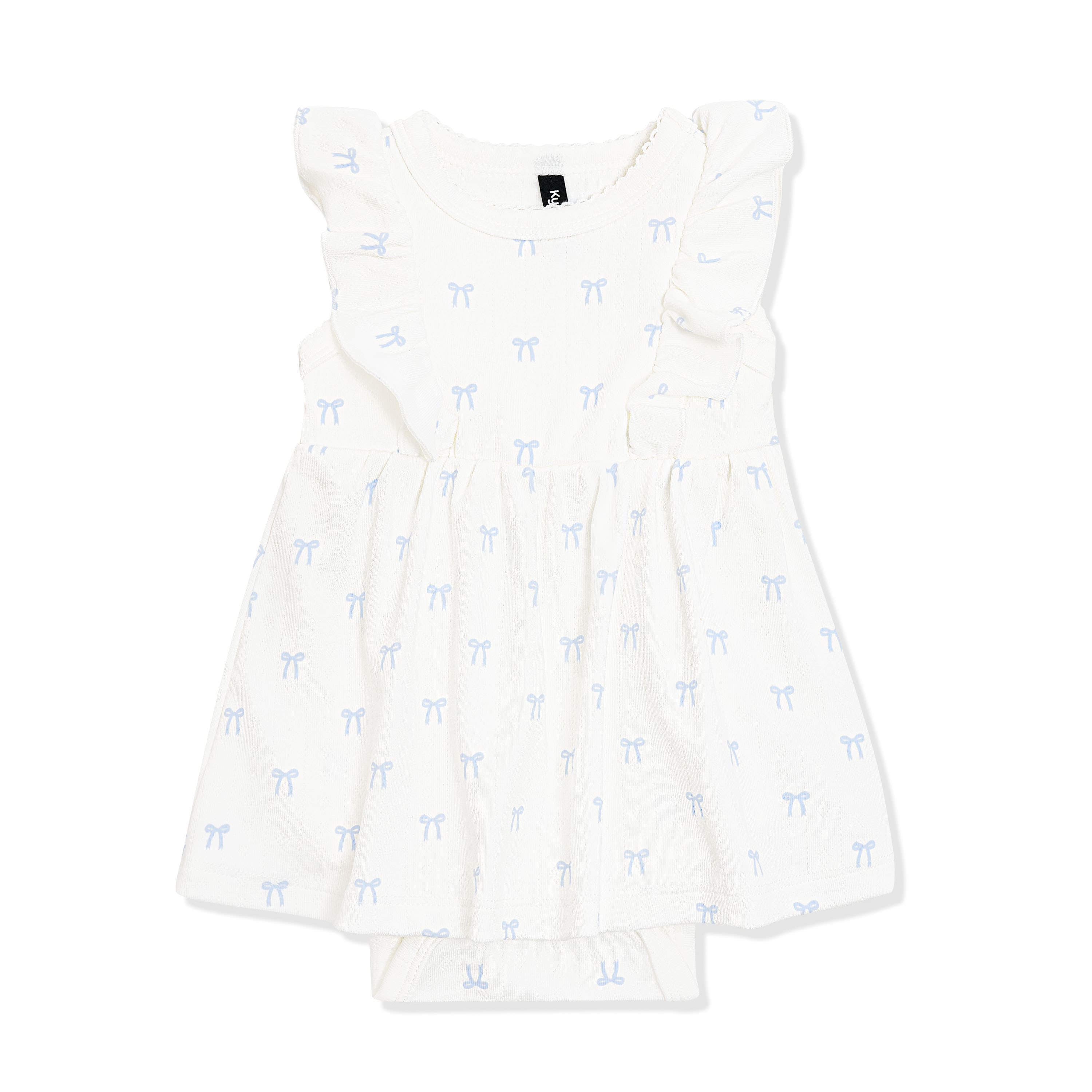 Pointelle Bodysuit Dress in Sweet Blue Bow showing the picot trim on a white surface