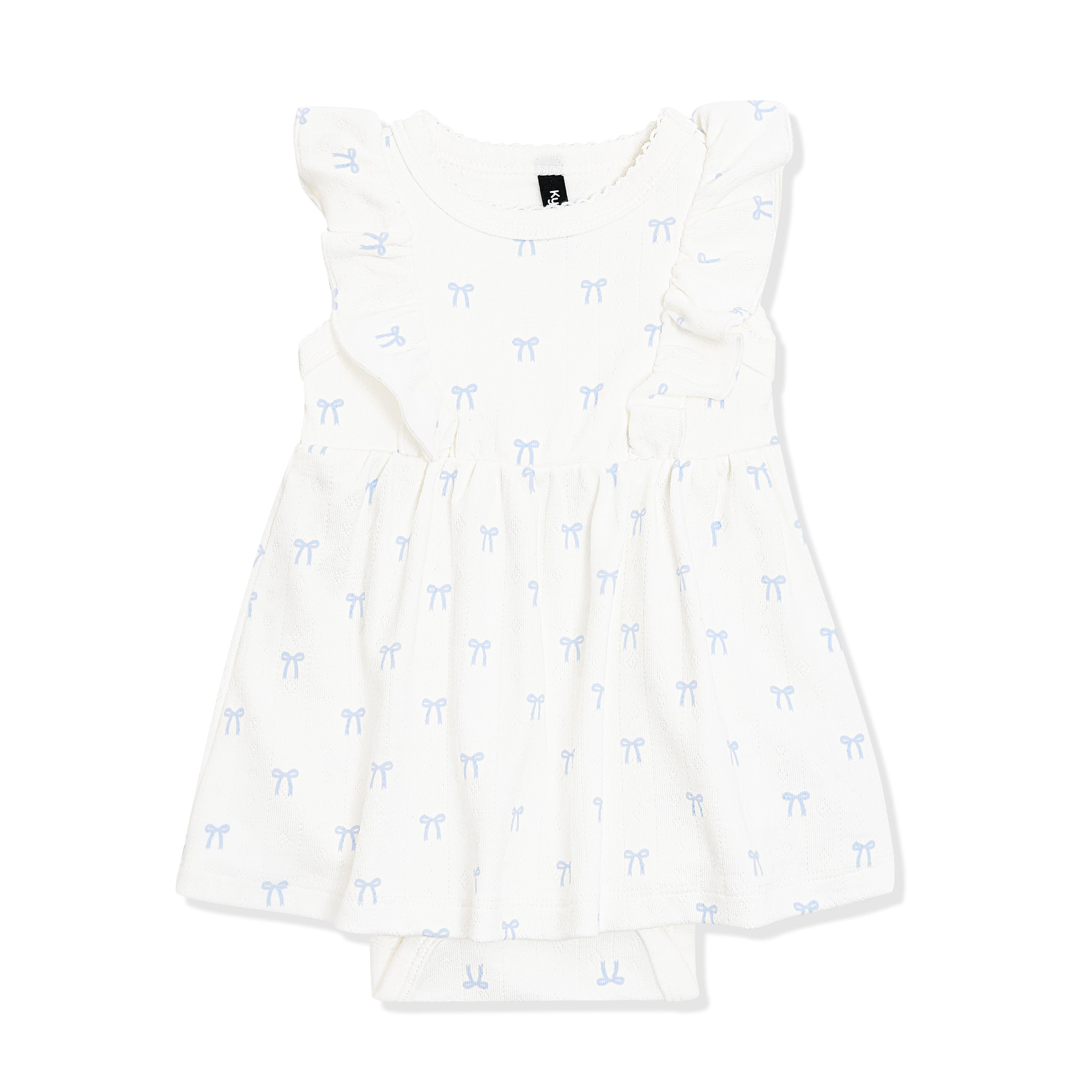 Pointelle Bodysuit Dress in Sweet Blue Bow showing the picot trim on a white surface