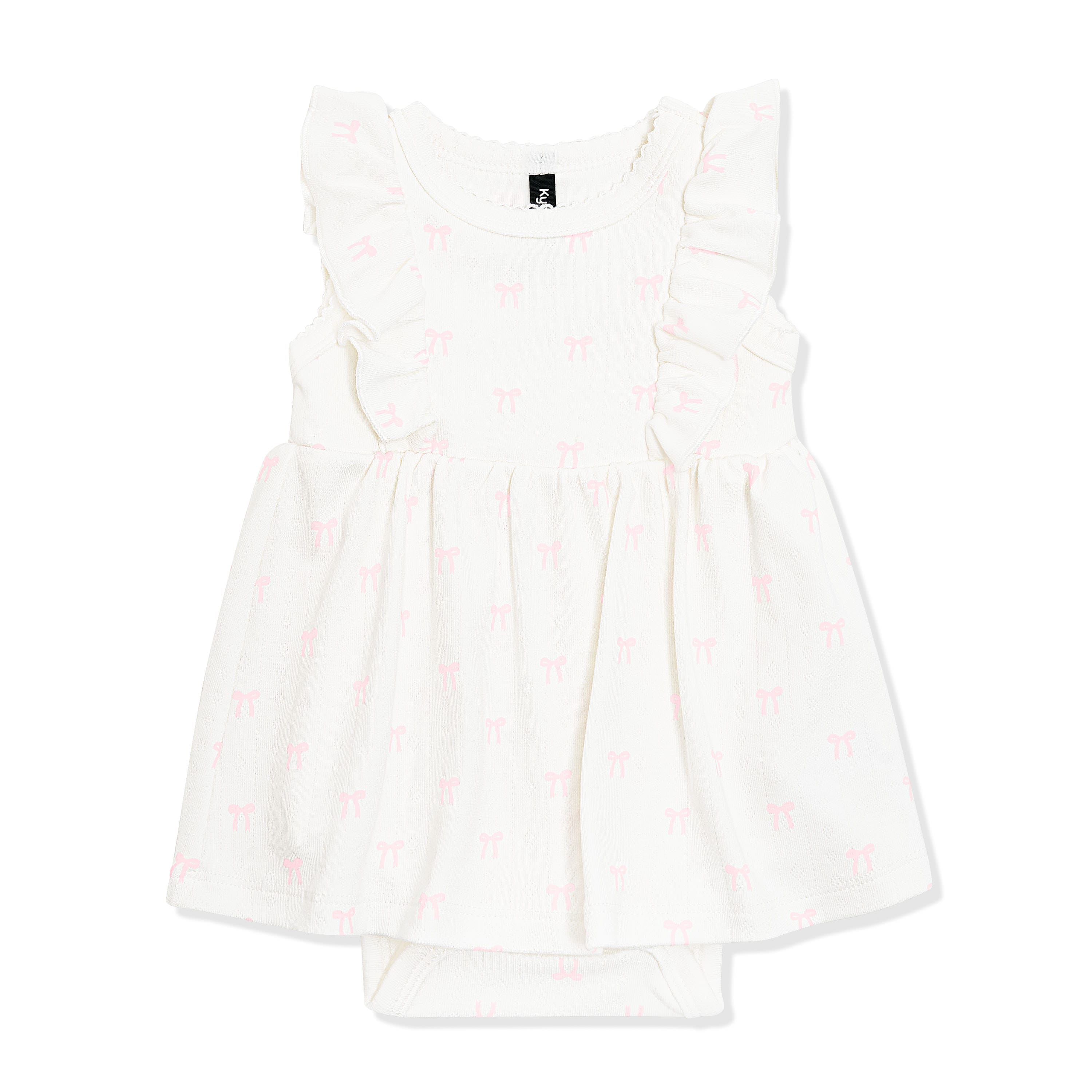 Pointelle Bodysuit Dress in Sweet Blue Bow showing the picot trim on a white surface