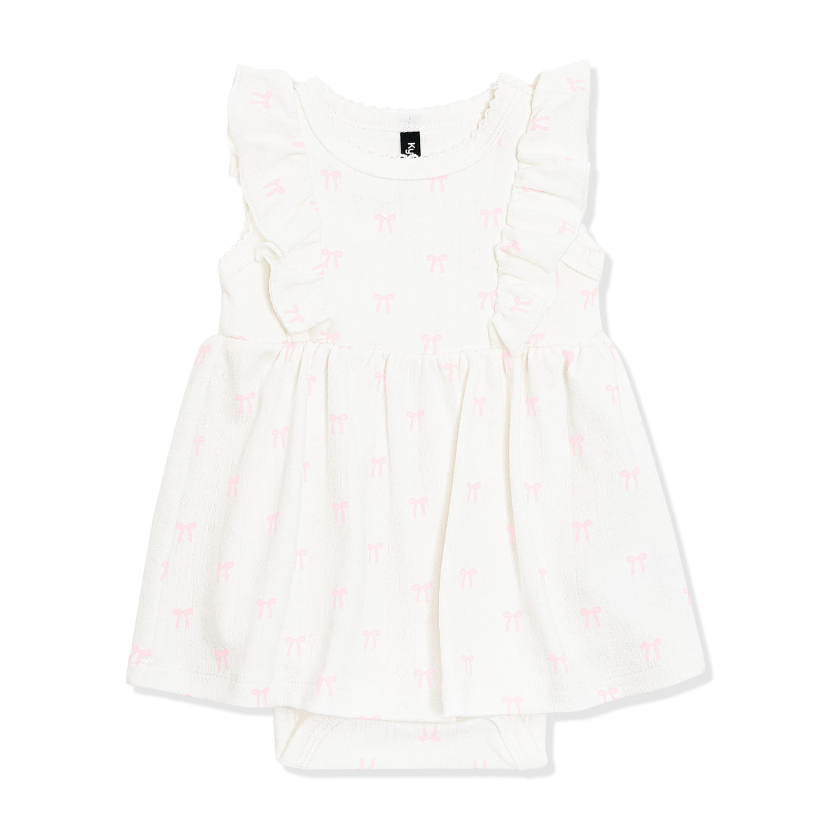 Pointelle Bodysuit Dress in Sweet Blue Bow showing the picot trim on a white surface