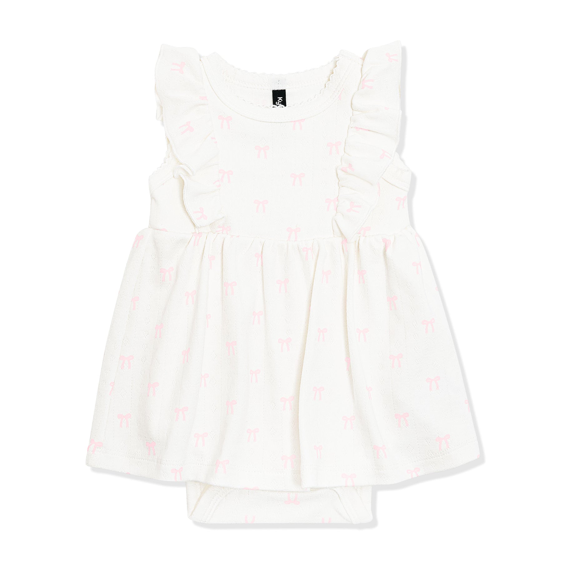 Pointelle Bodysuit Dress in Sweet Blue Bow showing the picot trim on a white surface