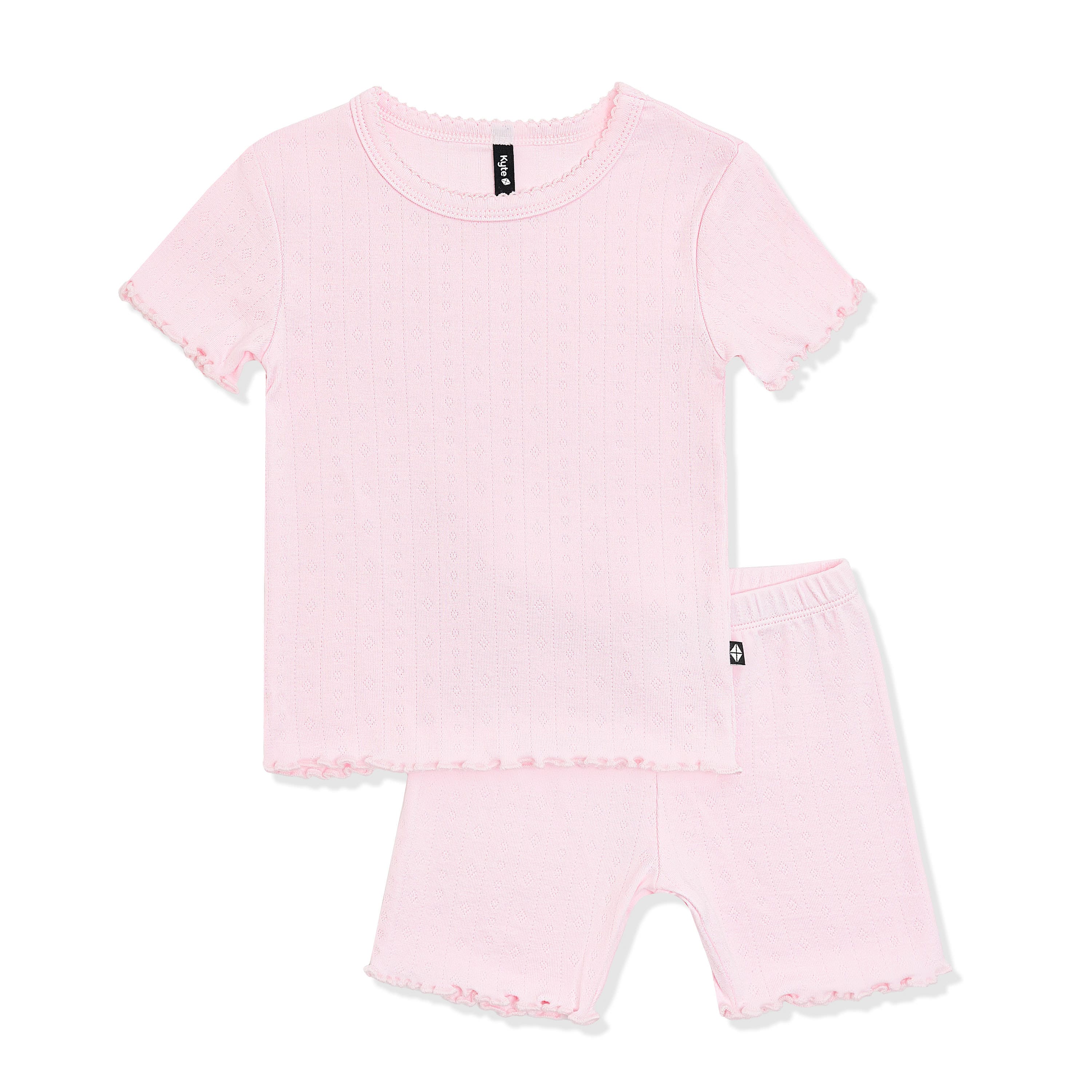 Pointelle Short Sleeve Set in Sakura showing the picot trim neck trim and lettuce arm and leg edges