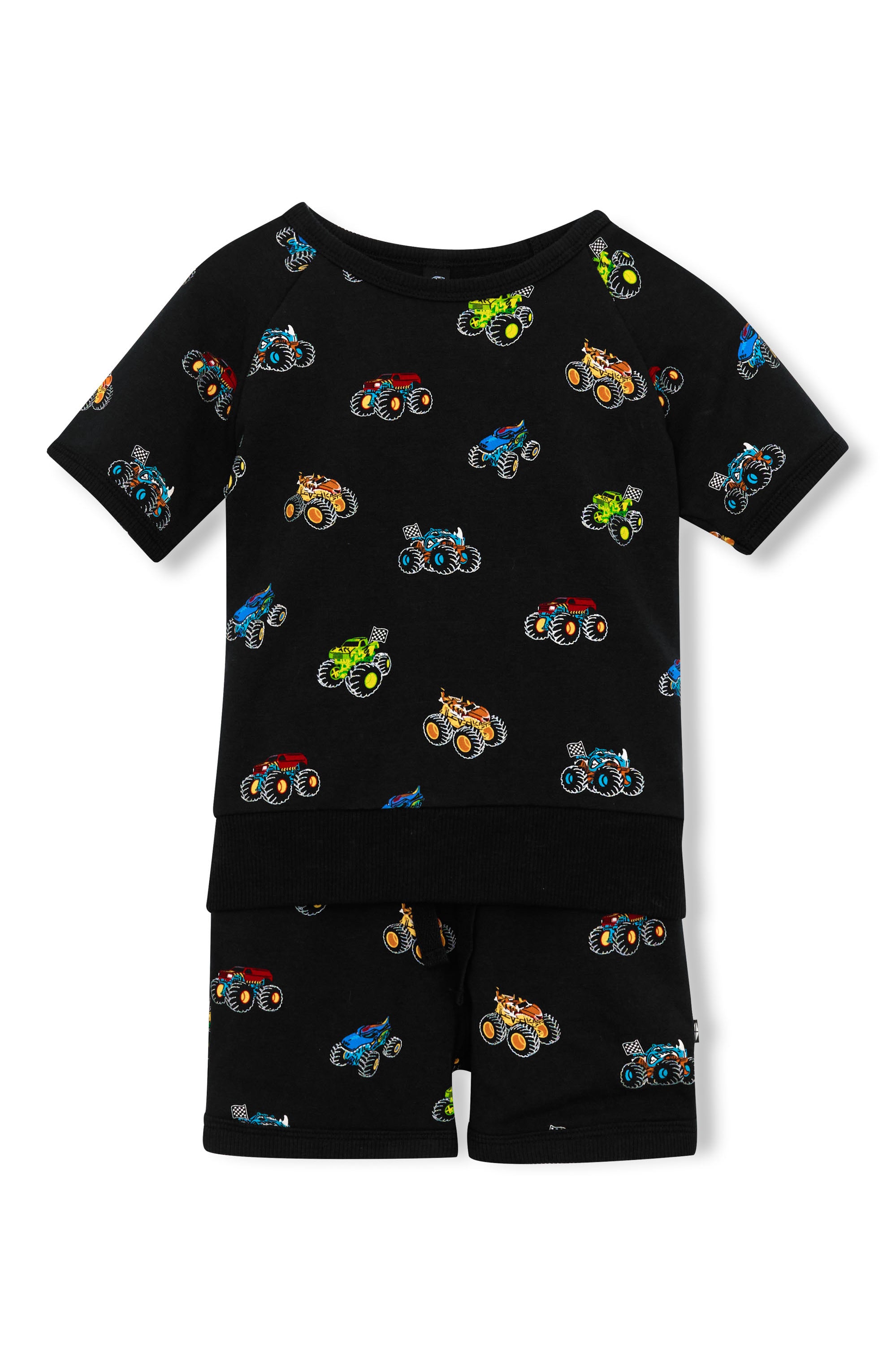 Short Sleeve Jogger Set in Monster Truck print on white background