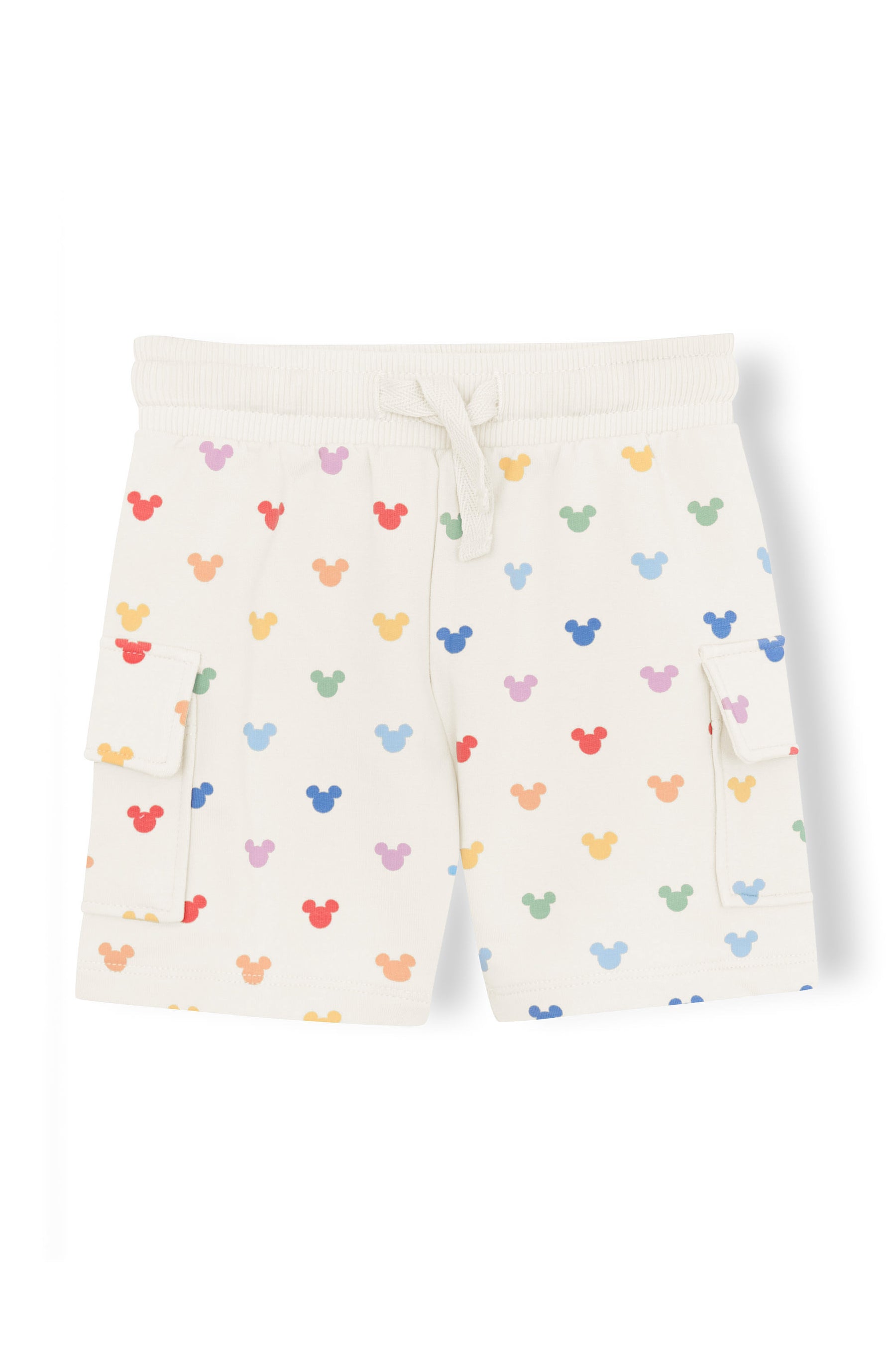 Cargo shorts with pastel mickey mouse pattern on an oat background