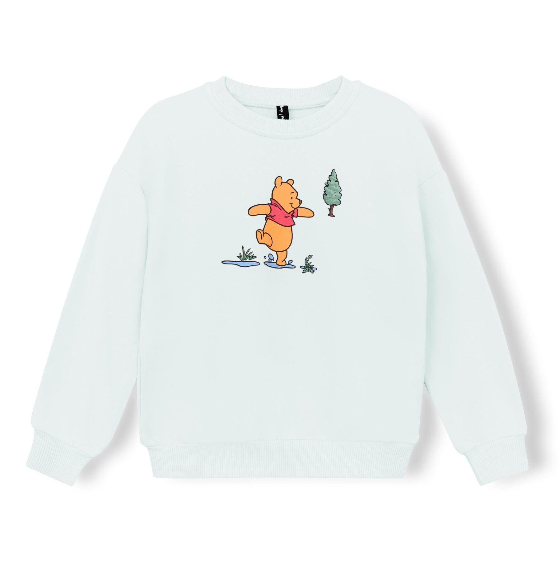 Light green sweatshirt with a graphic of Winnie The Pooh walking through puddles in the centre