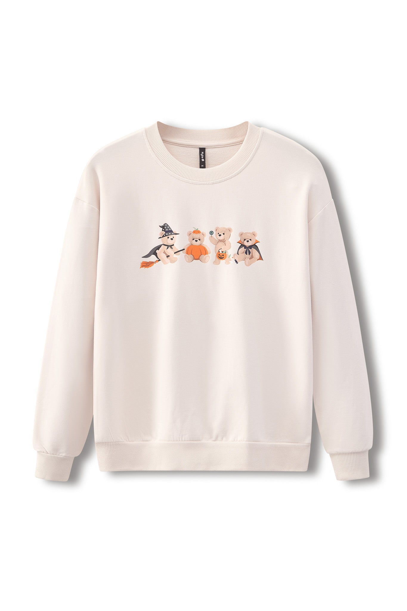 Beige Women's Sweatshirt with Halloween Teddy print in center on a white background