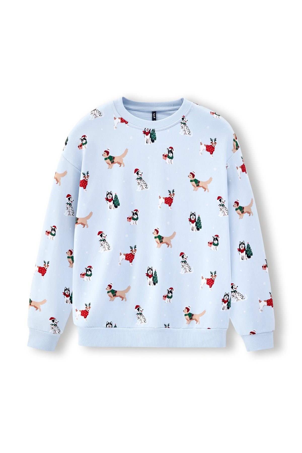 Blue Women's Sweatshirt in Holiday Pups print on a white background