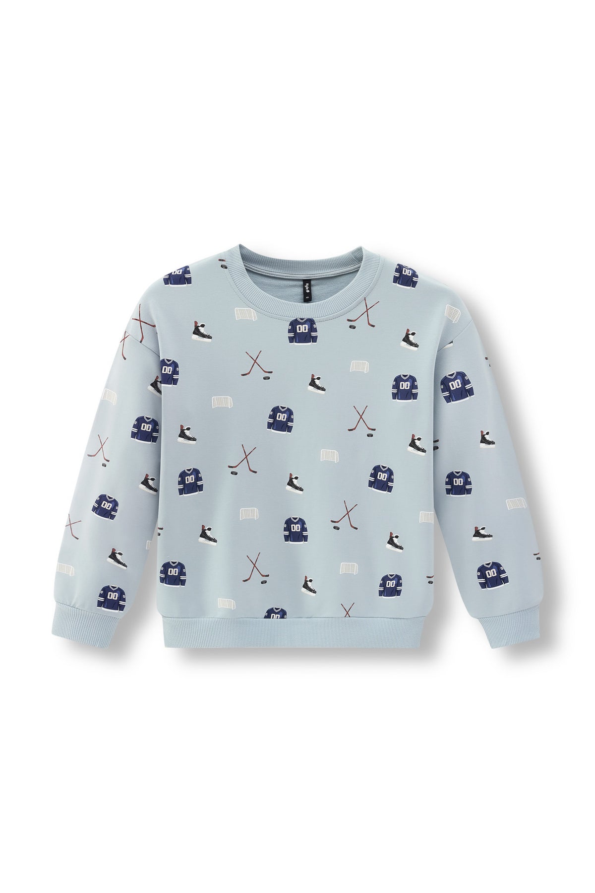 A light blue long-sleeve crewneck sweatshirt with an all-over hockey-themed print featuring skates, sticks, and pucks, displayed on a clean white background.
