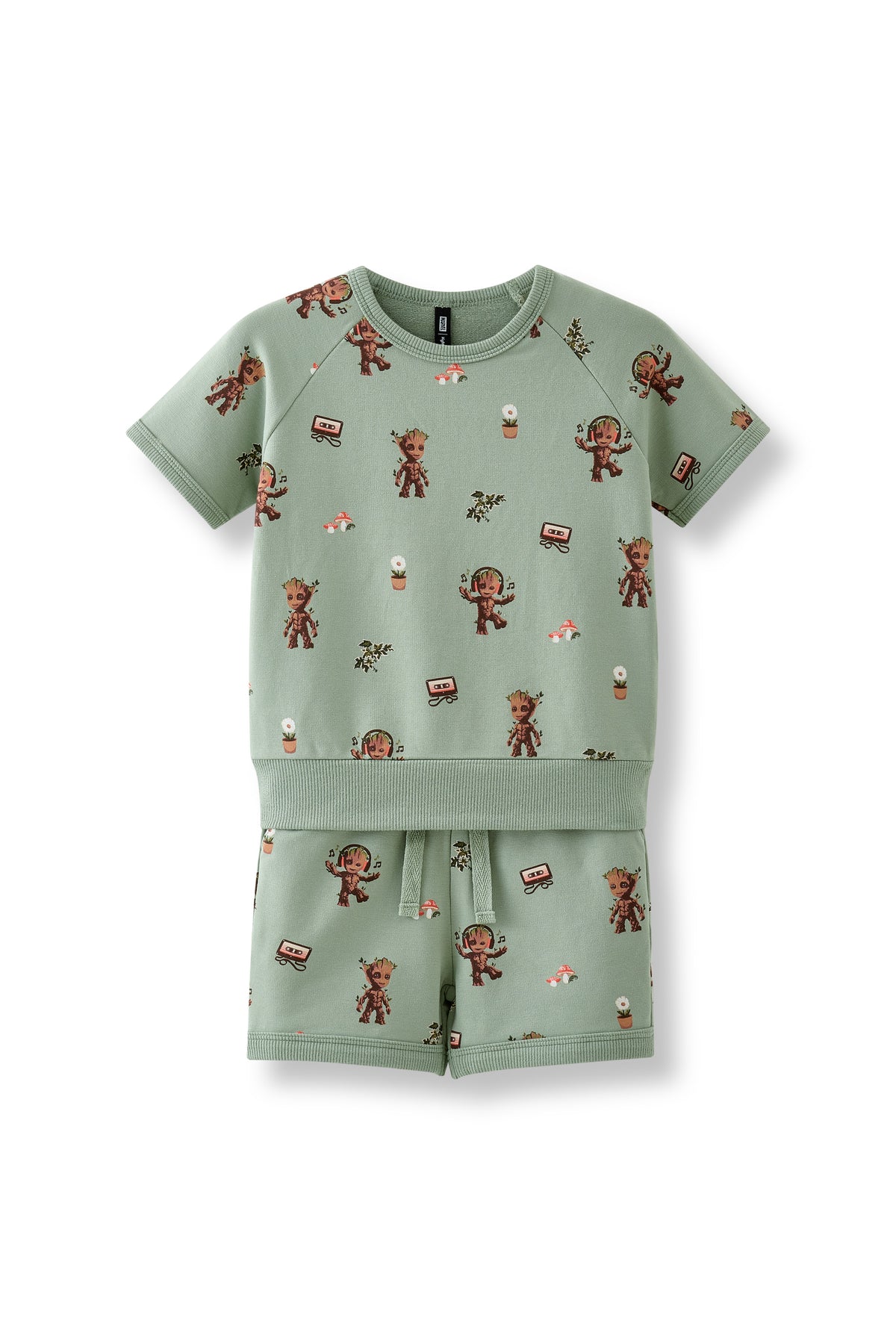 Short Sleeve Jogger Set in Groot print on a white background