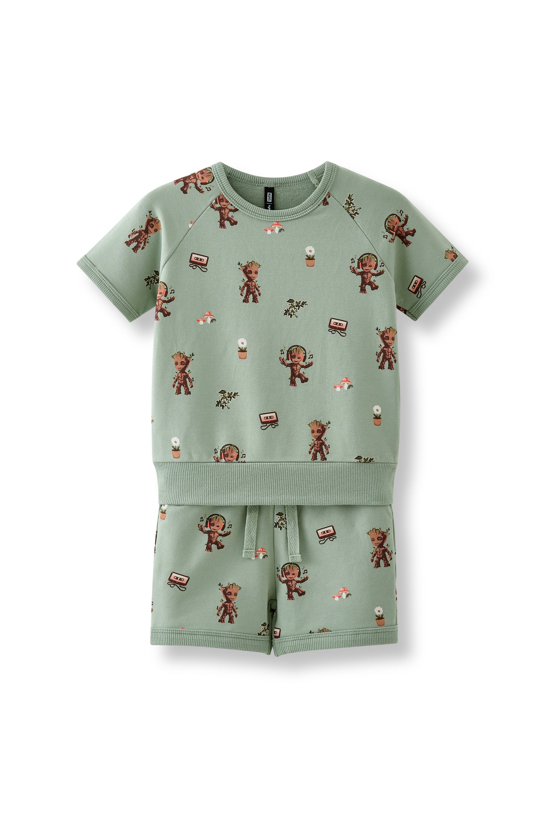 Short Sleeve Jogger Set in Groot print on a white background