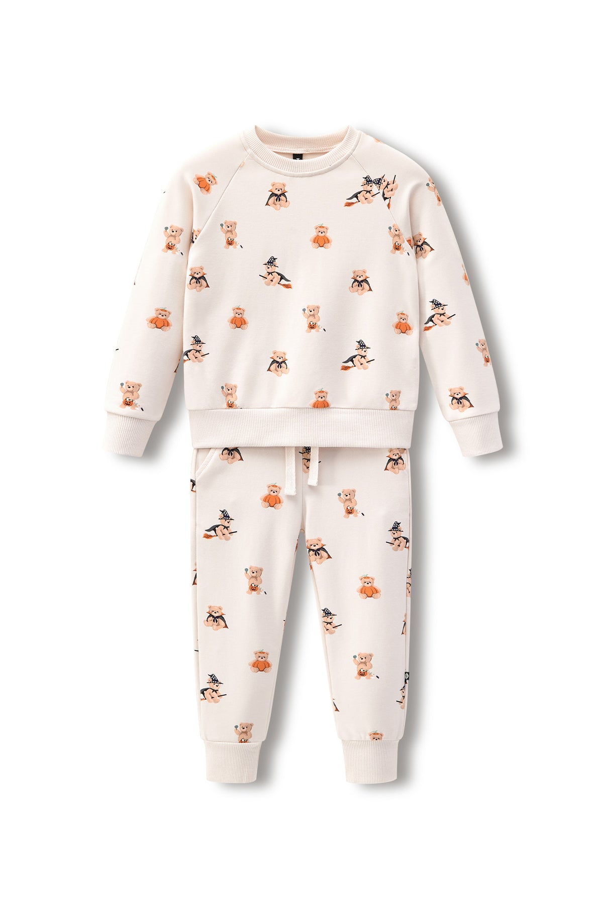 Beige Long Sleeve Jogger Set in Halloween Teddy print on a white background