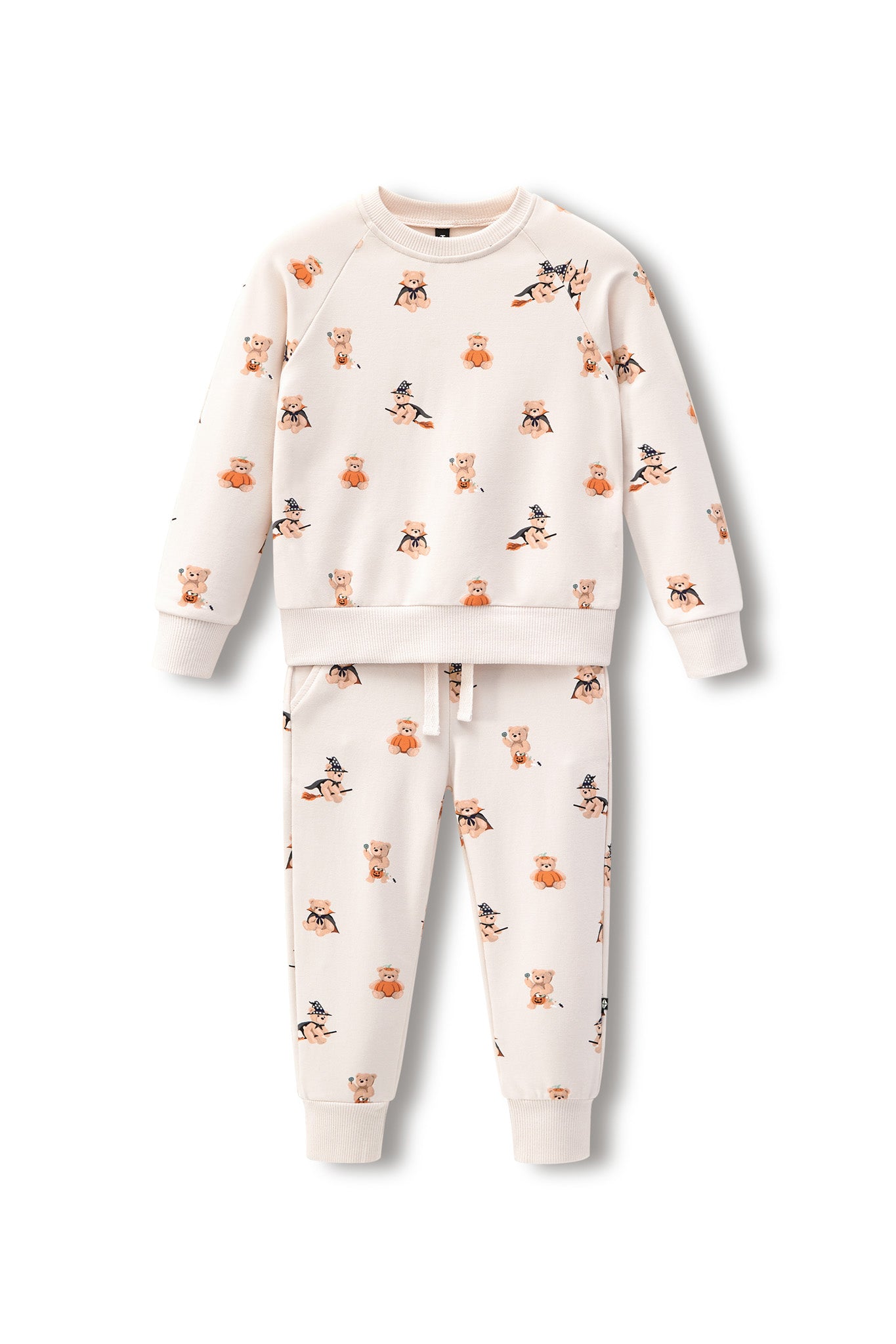 Beige Long Sleeve Jogger Set in Halloween Teddy print on a white background
