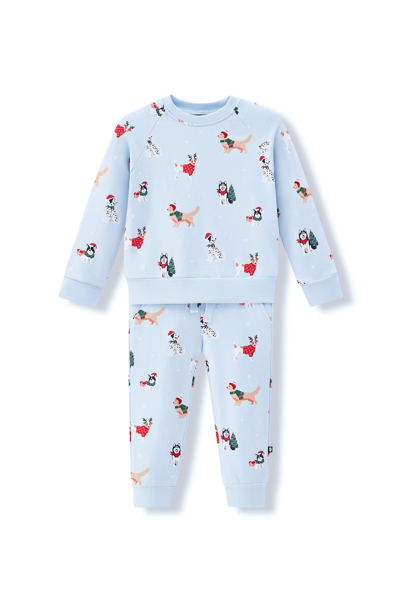 Blue Long Sleeve Jogger Set in Holiday Pups print on a white background