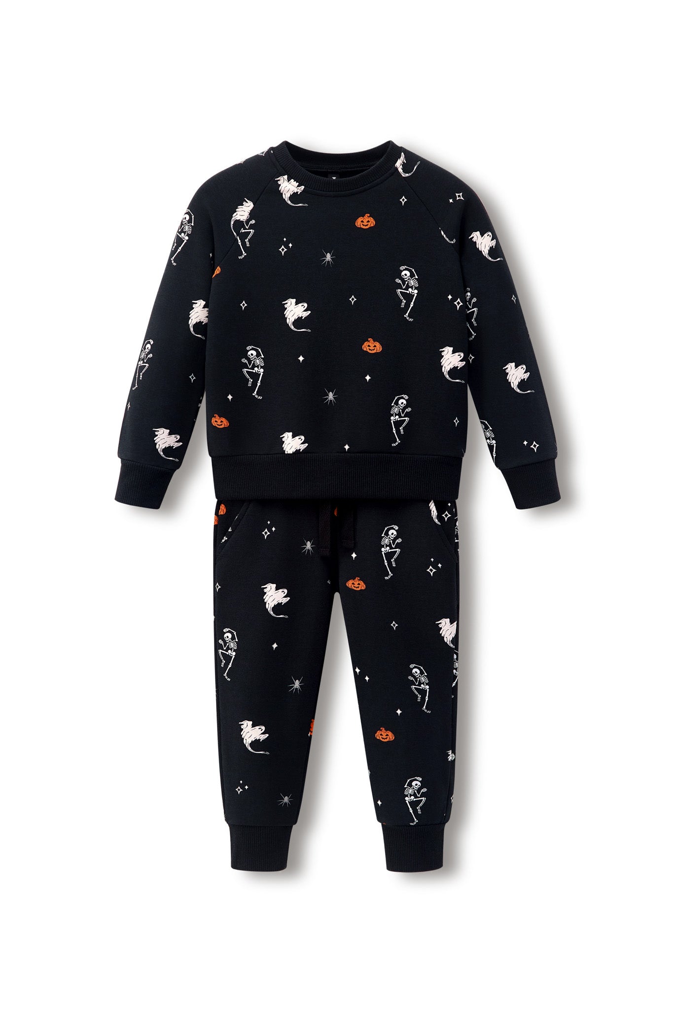 Black Long Sleeve Jogger Set in Halloween Friends print on a white background