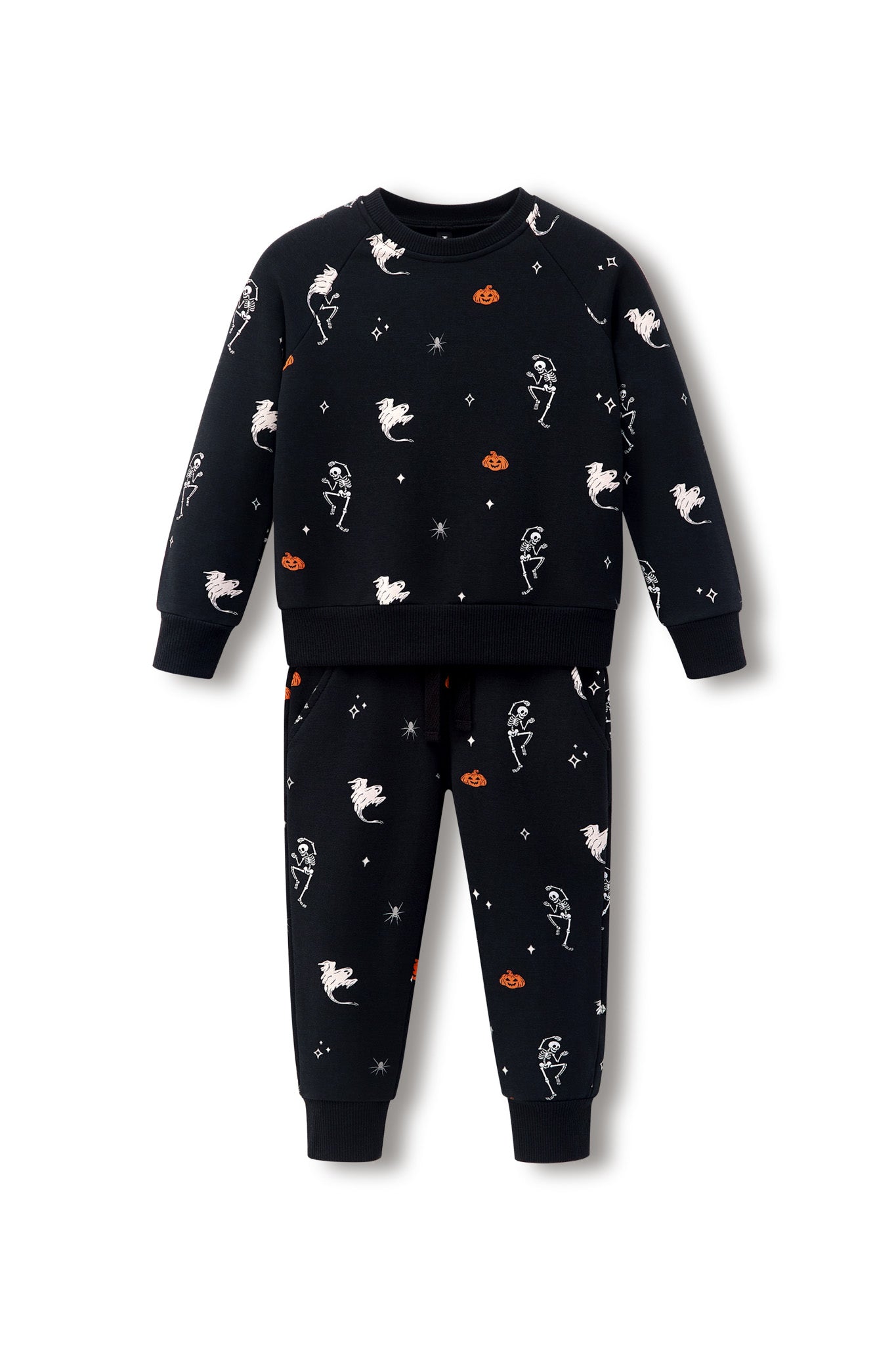 Black Long Sleeve Jogger Set in Halloween Friends print on a white background