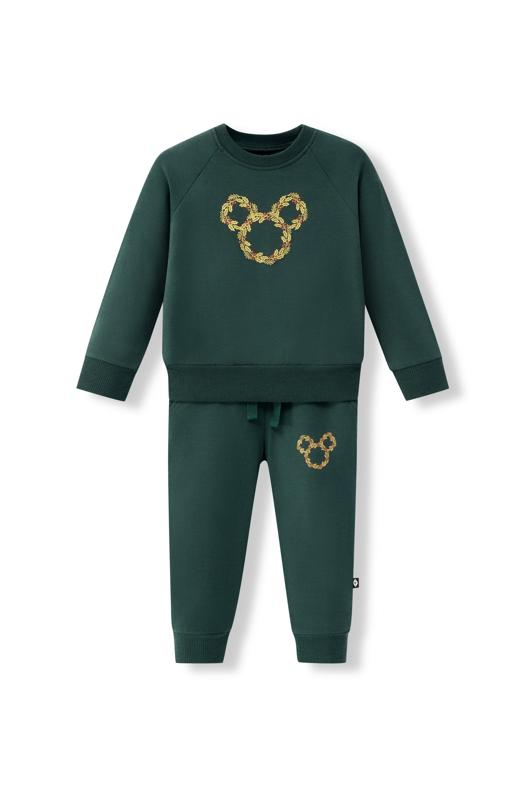 Long Sleeve Jogger Set in Mickey Christmas Wreath print on Cypress color on a white background