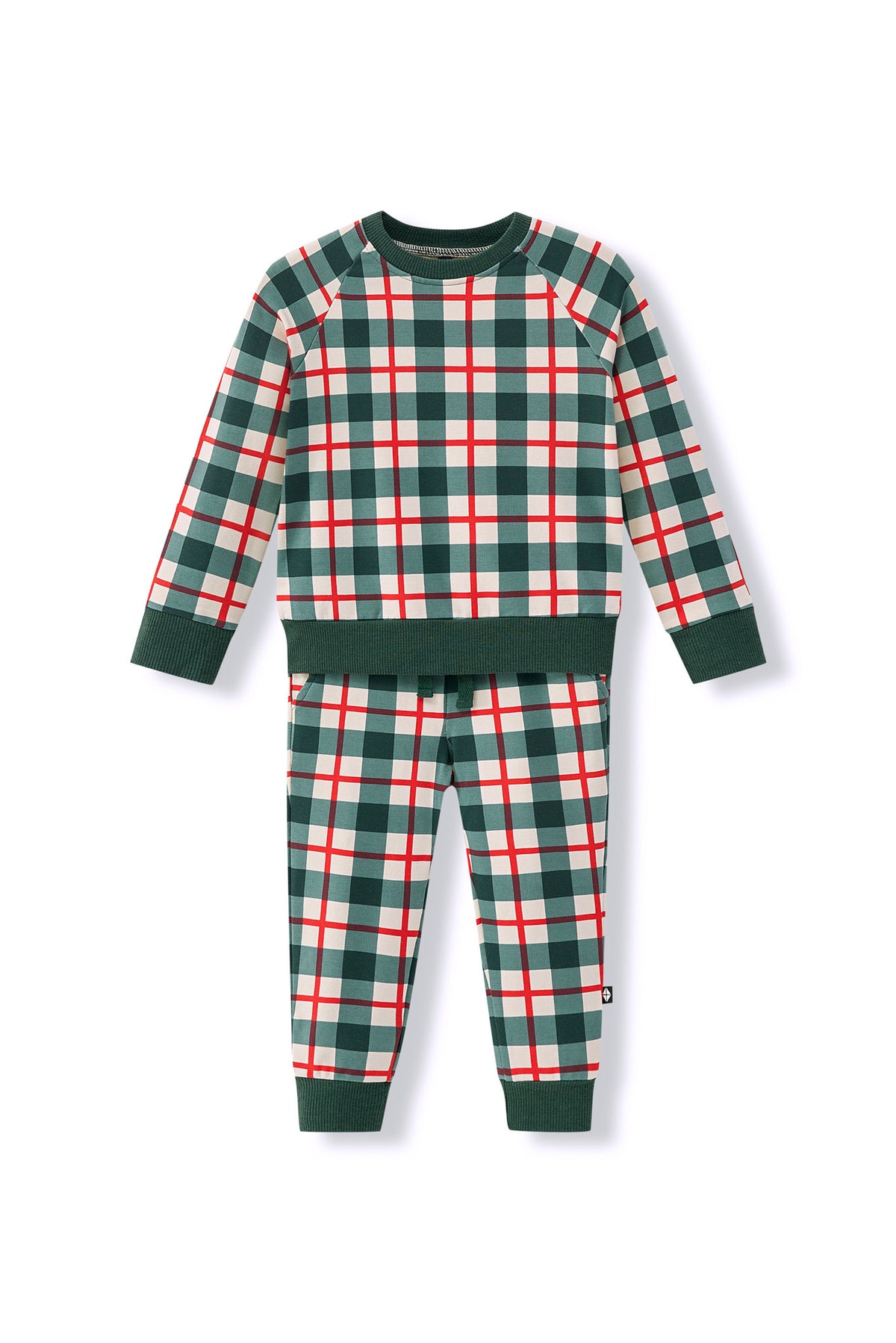 A two-piece children's set featuring a green, white, and red plaid pattern, with solid dark green ribbed cuffs, collar, and hem.