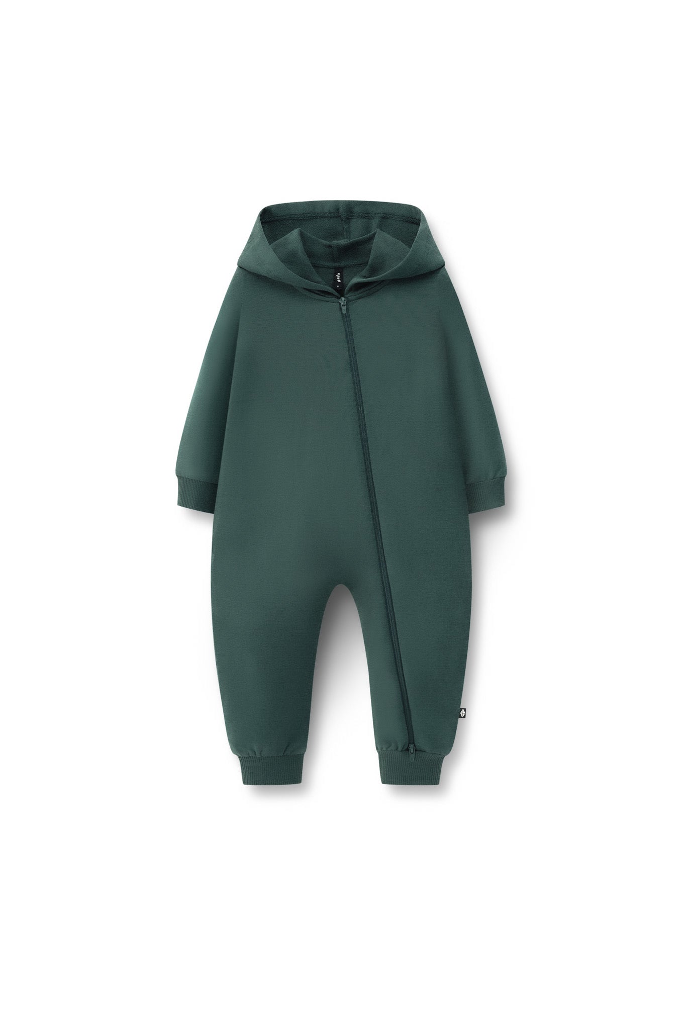 Hooded Zippered Romper in Cypress color on a white background