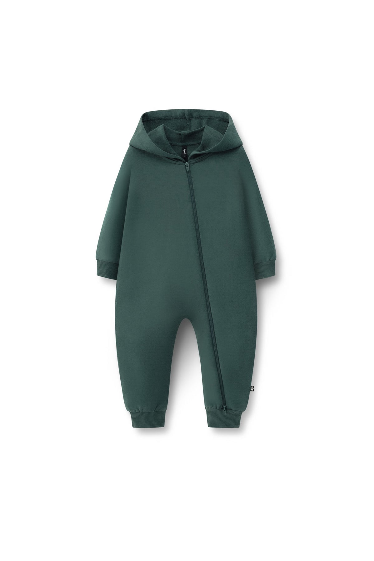 Hooded Zippered Romper in Cypress color on a white background