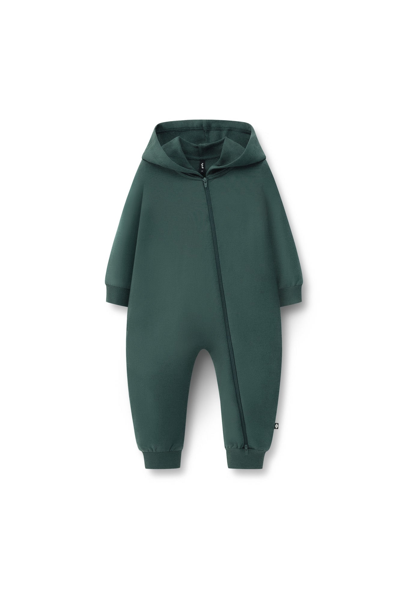 Hooded Zippered Romper in Cypress color on a white background