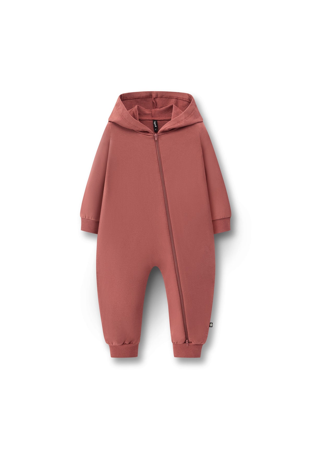 Hooded Zippered Romper in Ember color on a white background