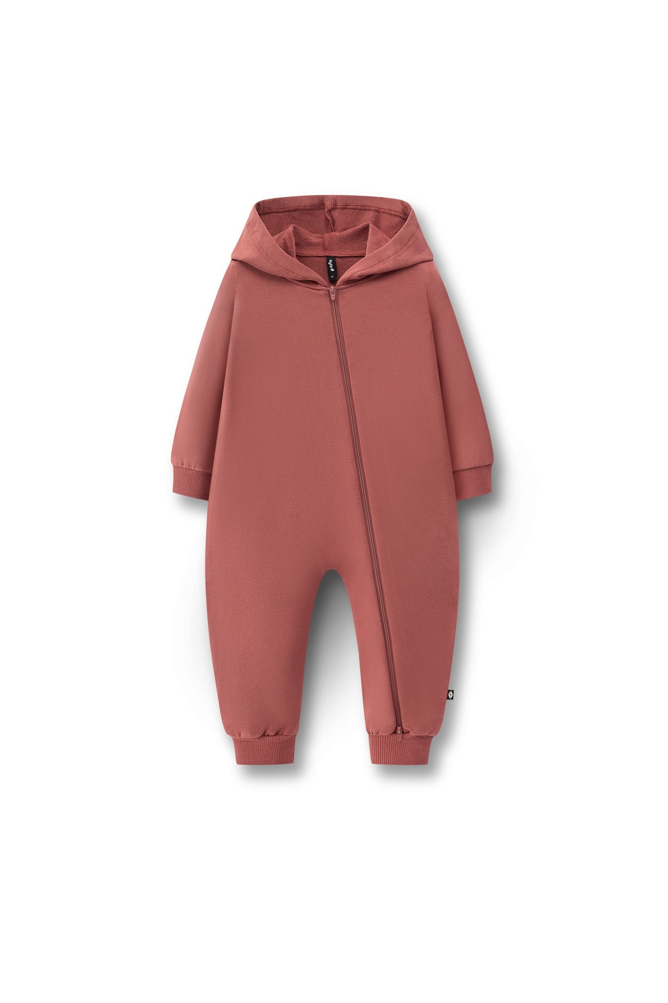 Hooded Zippered Romper in Ember color on a white background