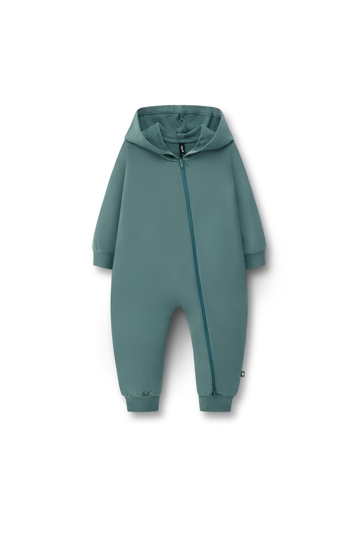 Hooded Zippered Romper in Pine color on a white background