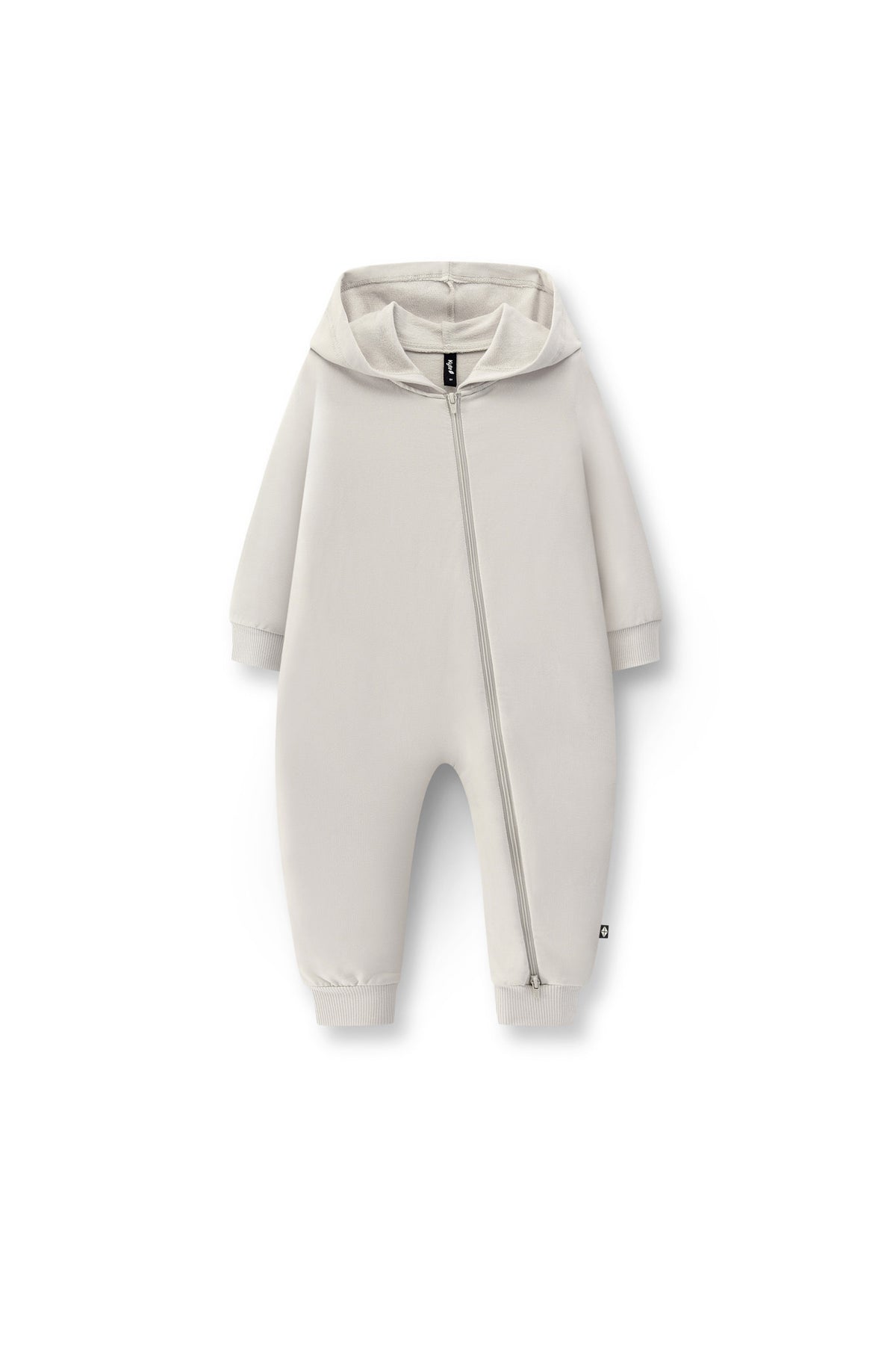Hooded Zippered Romper in Oat color on a white background