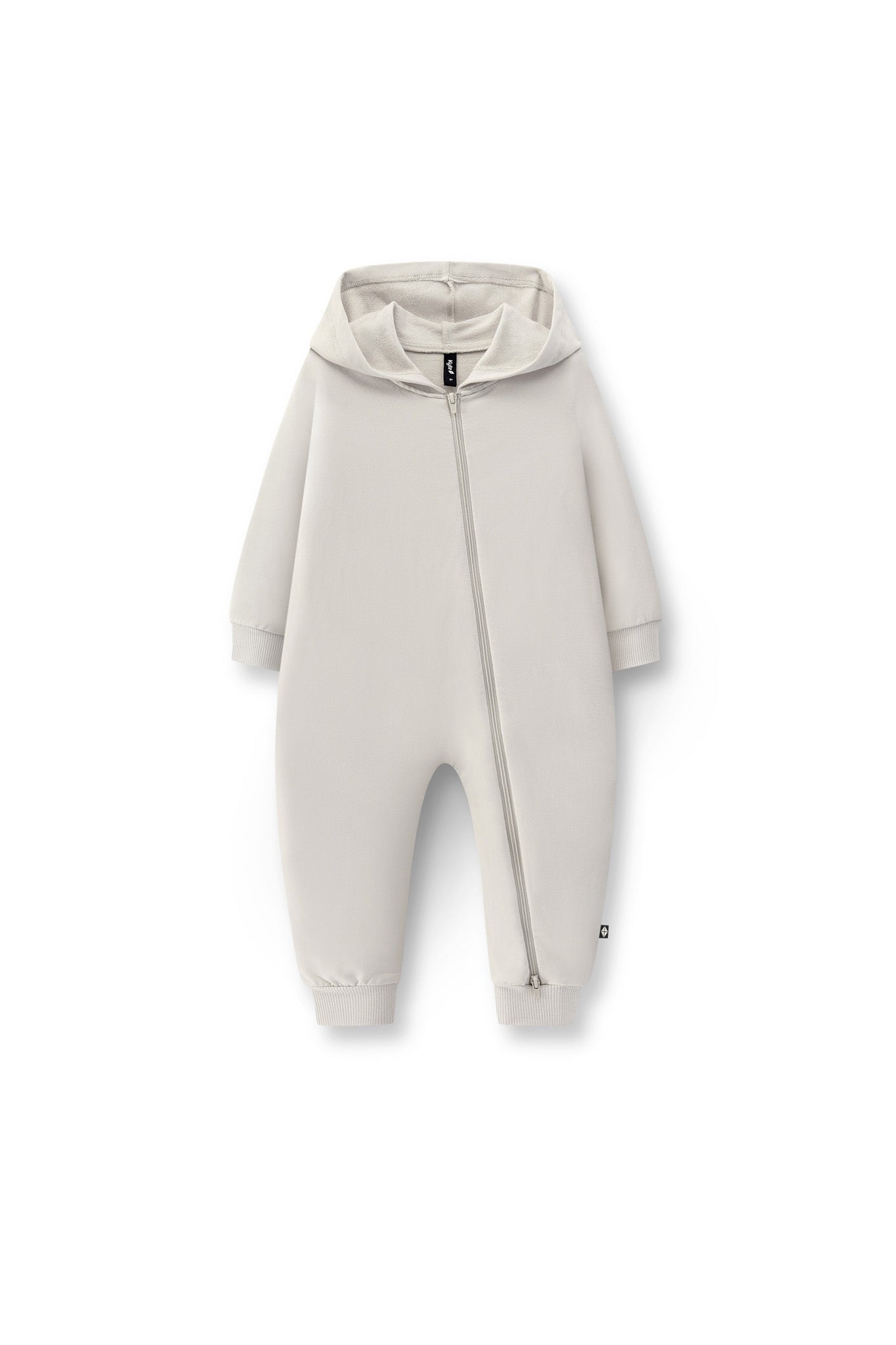 Hooded Zippered Romper in Oat color on a white background