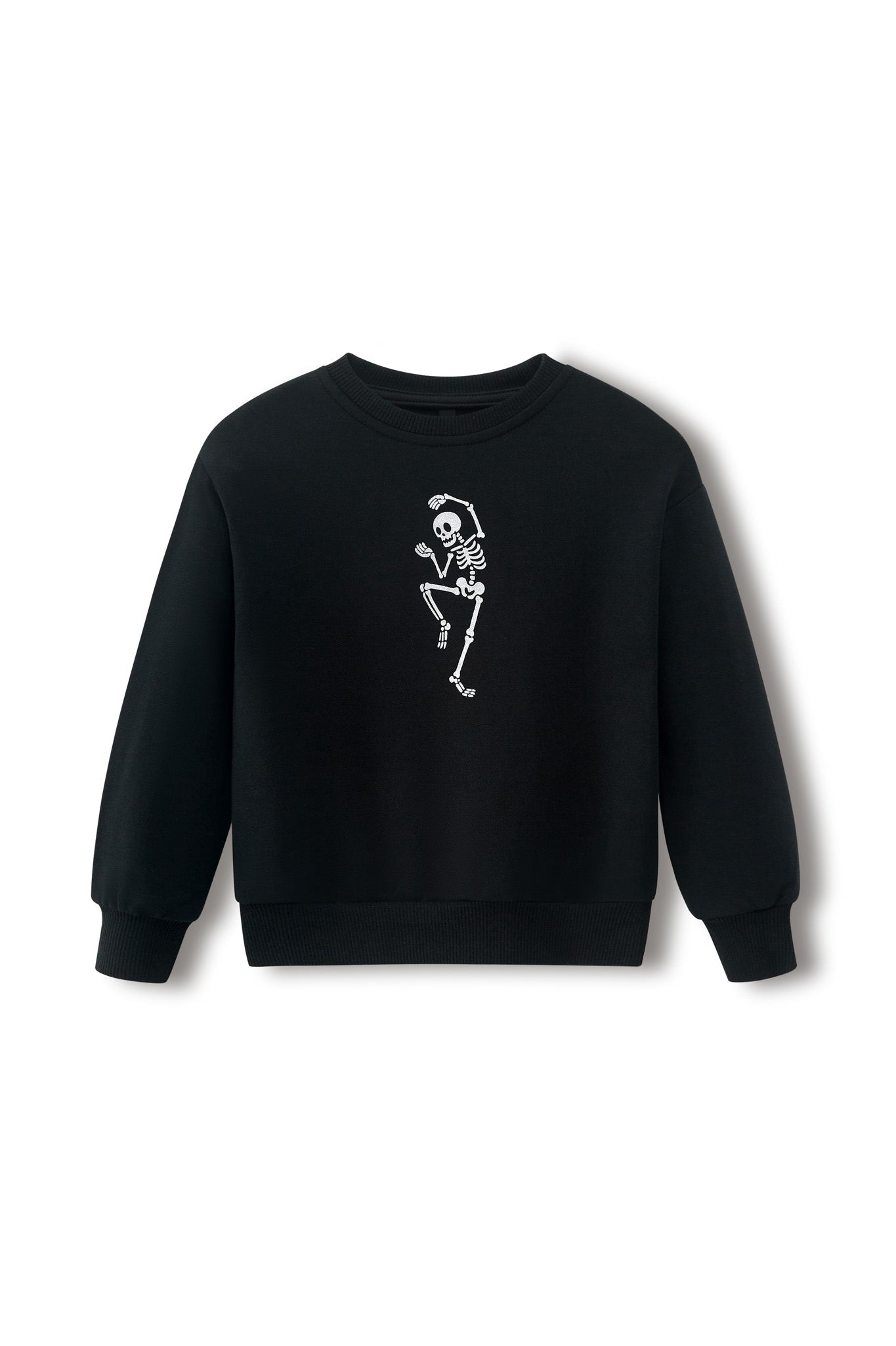 Black Sweatshirt with Skeleton print in center on a white background