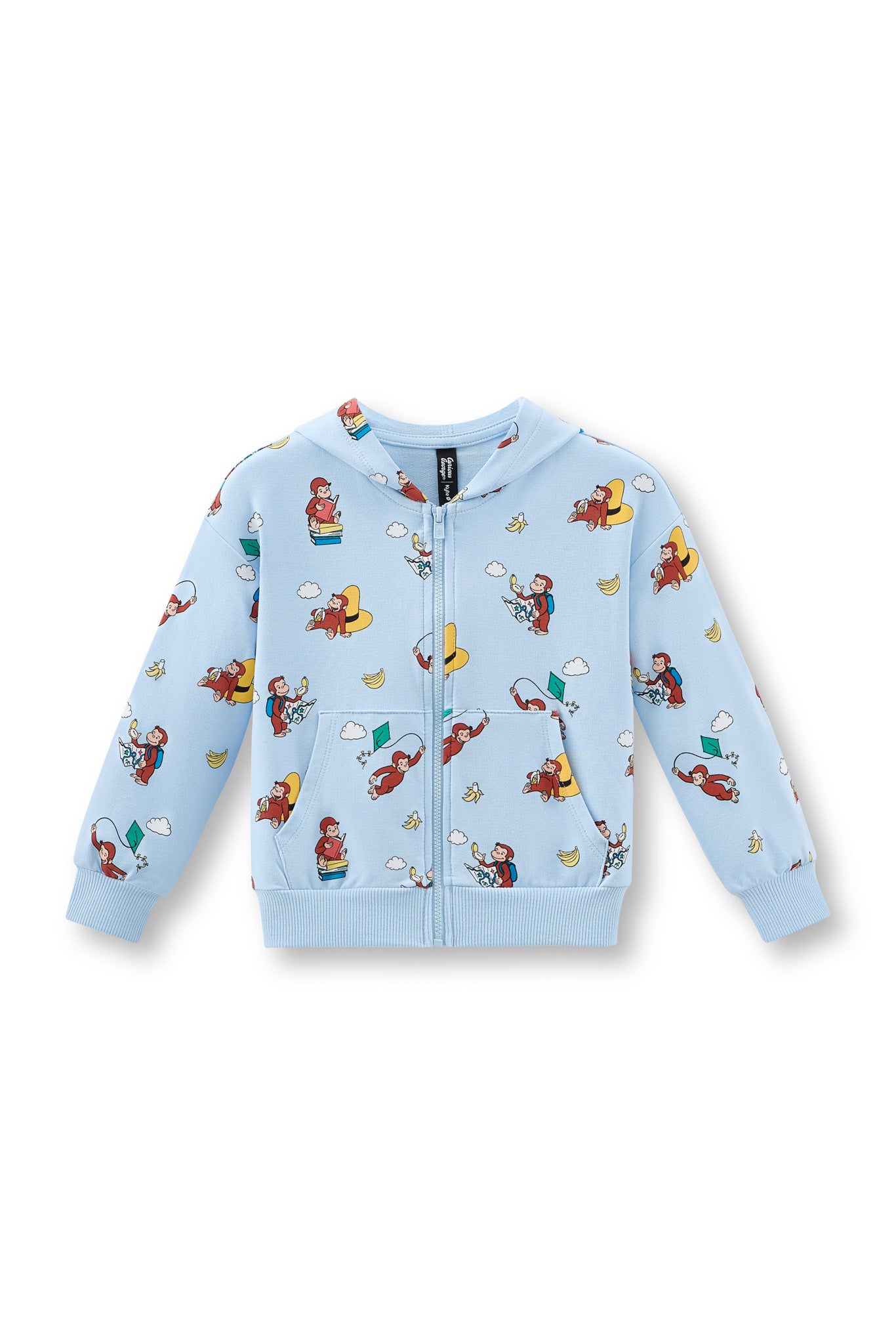 Blue Zip-Up Hoodie in Curious George print on a white background