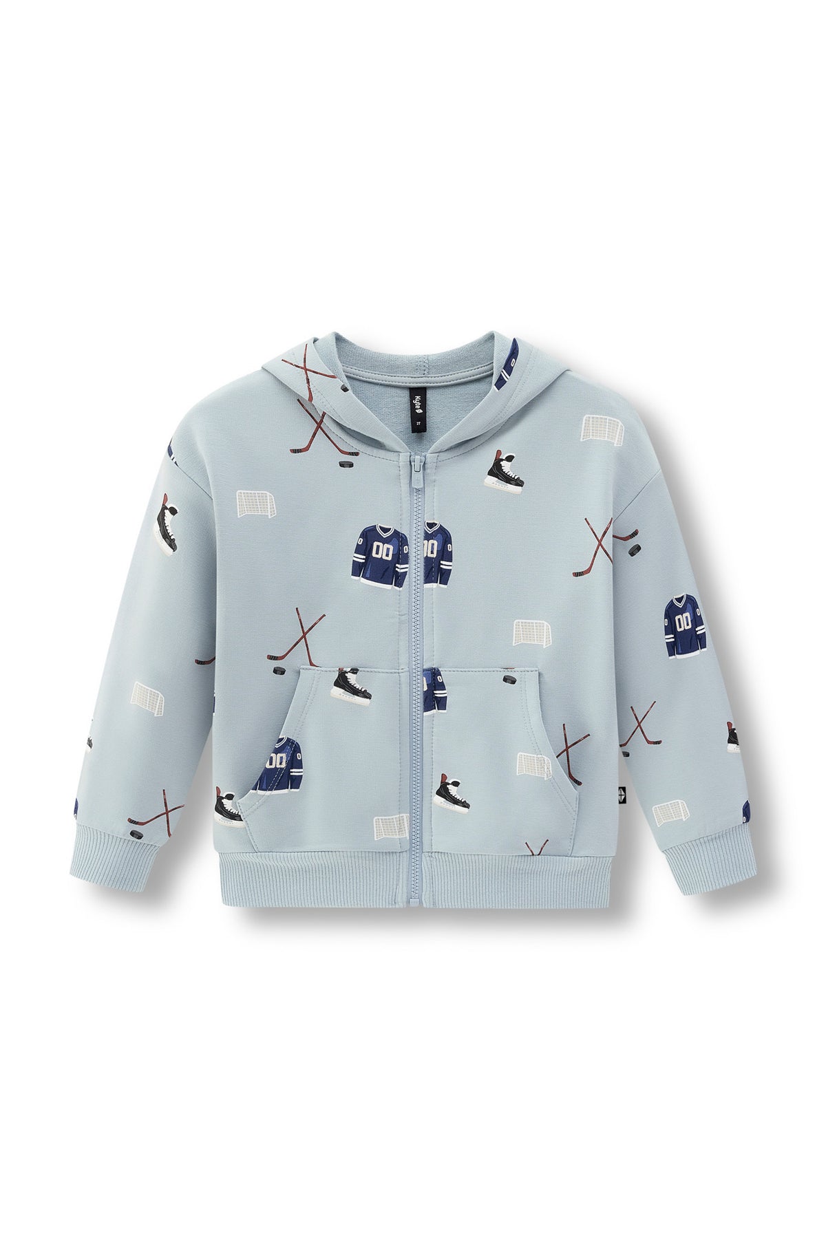 A light blue zip-up hoodie with an all-over hockey print, including jerseys, sticks, skates, and pucks, shown against a plain white background.