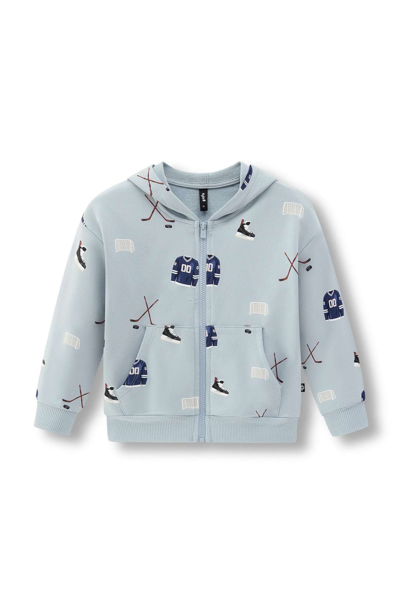 A light blue zip-up hoodie with an all-over hockey print, including jerseys, sticks, skates, and pucks, shown against a plain white background.