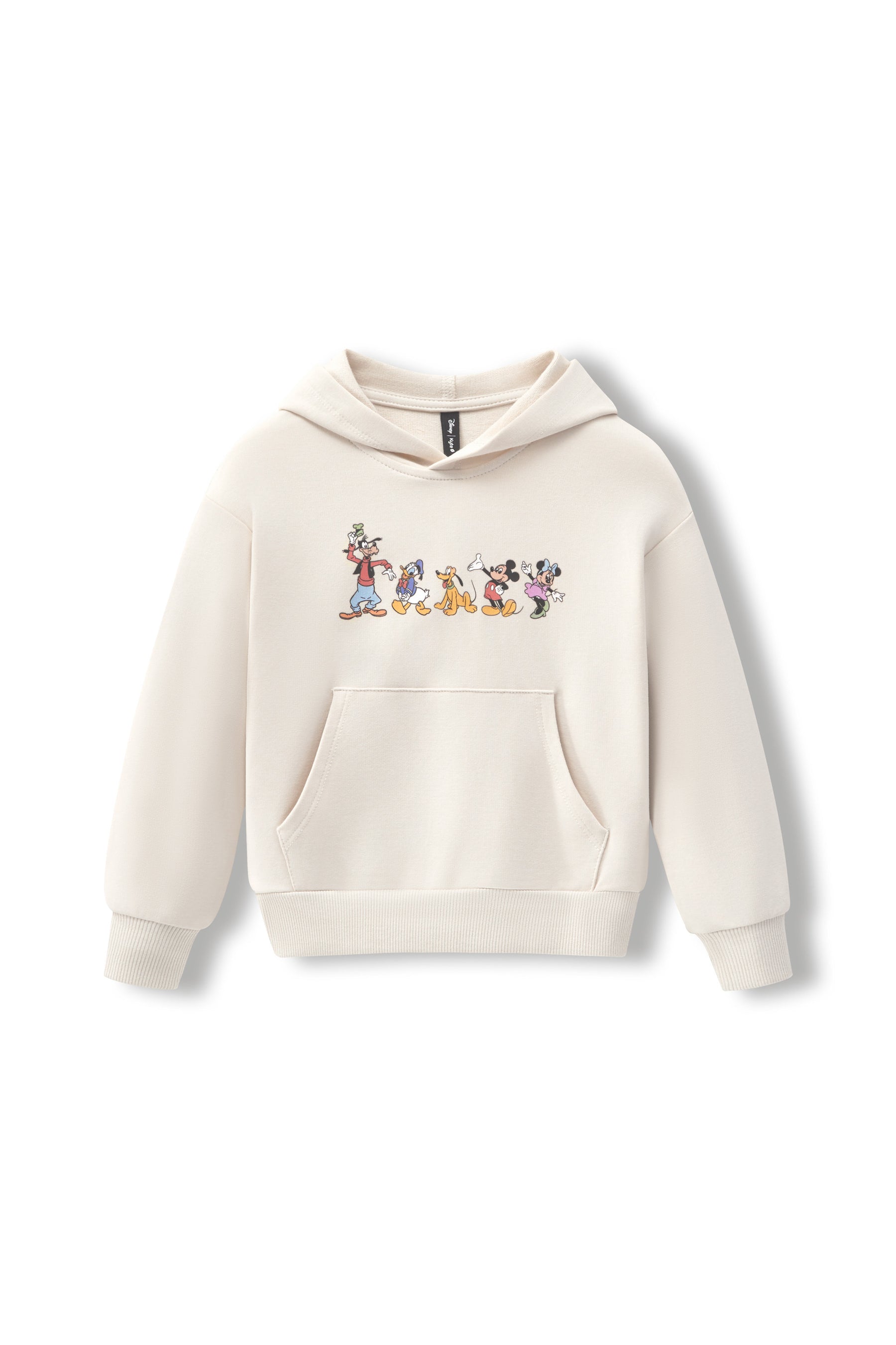 An off-white hooded sweatshirt featuring a colorful graphic print of classic cartoon mickey and friends characters across the chest, displayed on a clean white background.