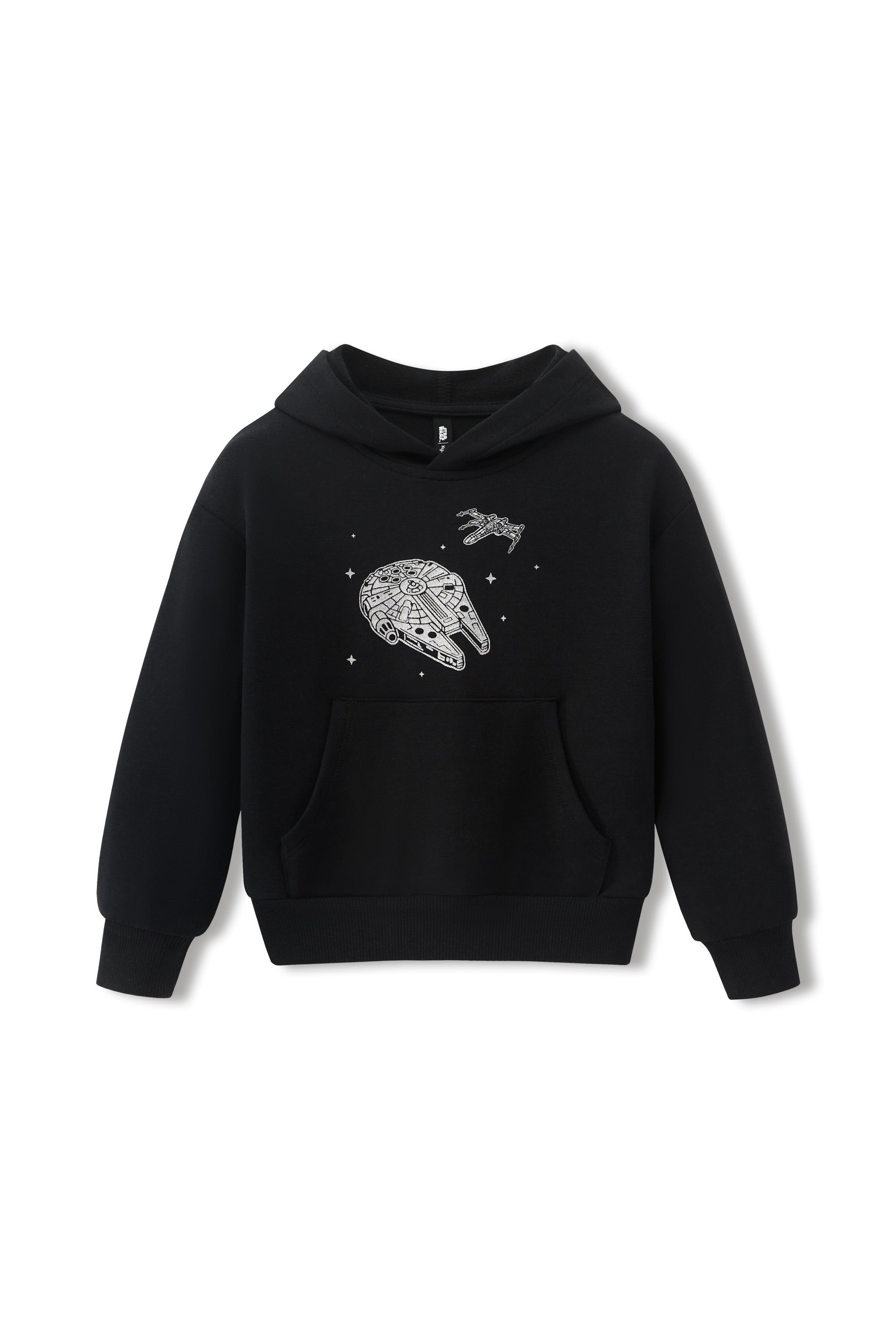 A black pullover hoodie featuring a silver graphic of the Millennium Falcon and a small spaceship on the chest, displayed against a plain white background.