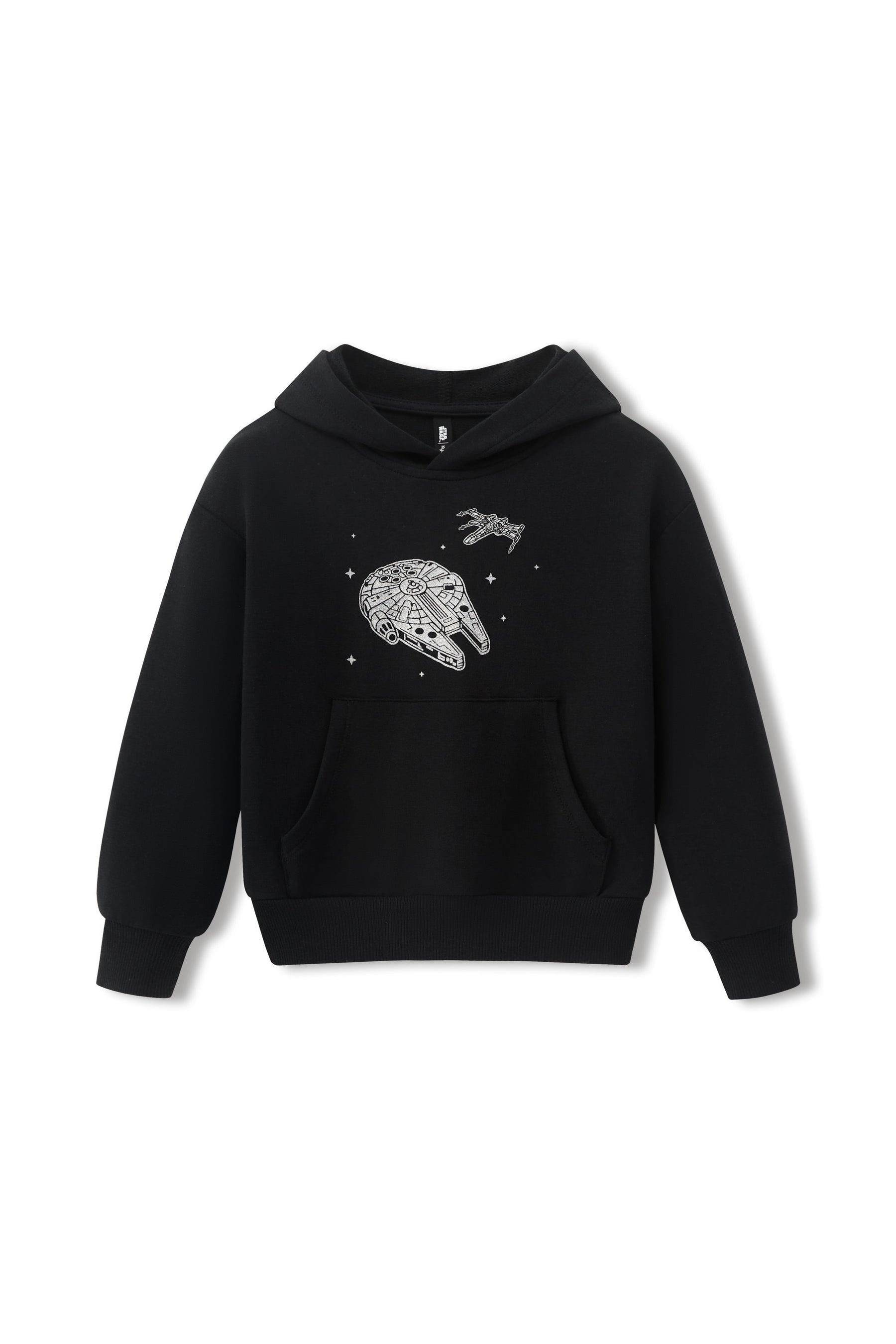 A black pullover hoodie featuring a silver graphic of the Millennium Falcon and a small spaceship on the chest, displayed against a plain white background.
