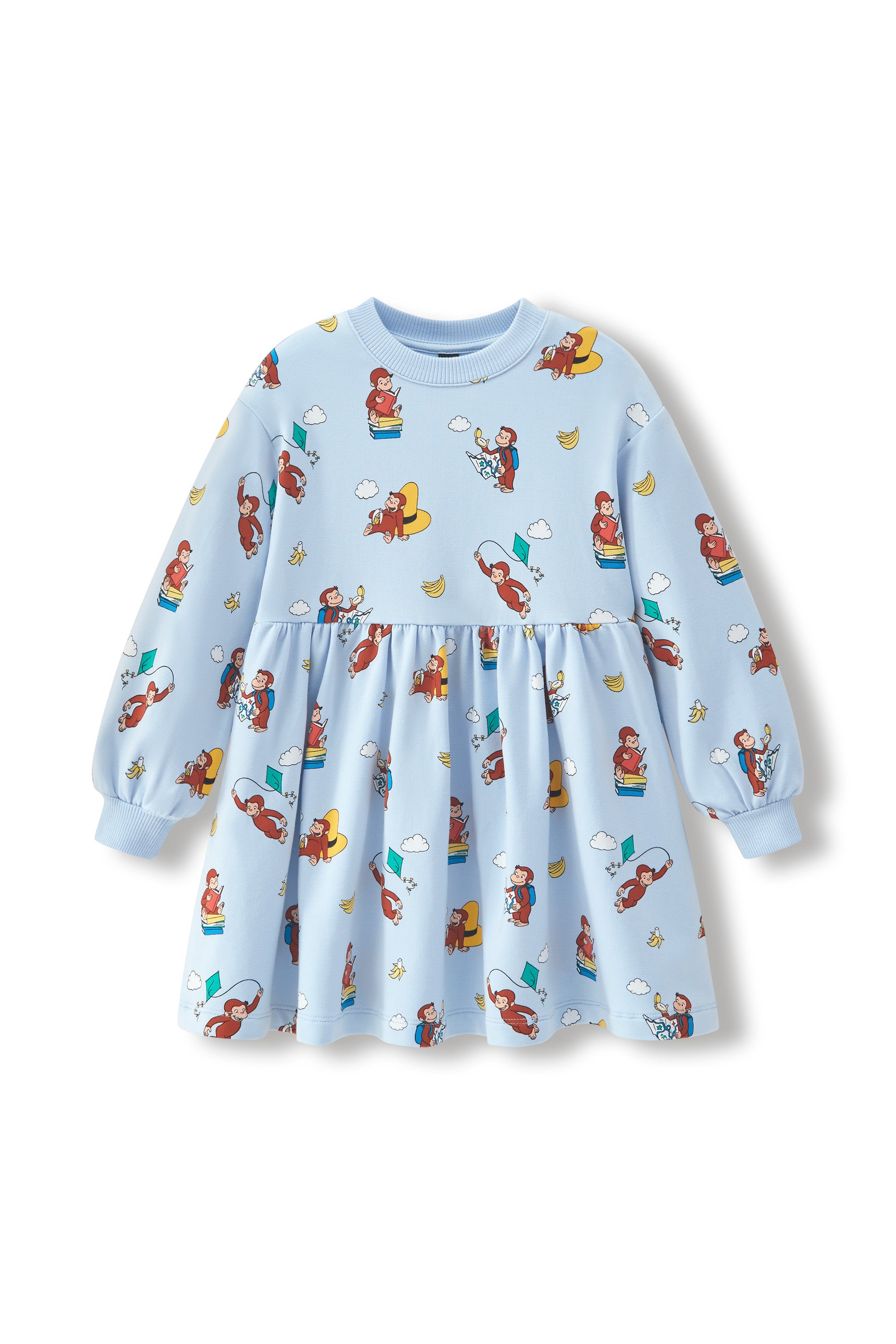 A light blue long-sleeve baby dress with an all-over cartoon monkey print, featuring a gathered waist and ribbed cuffs, shown on a plain white background.