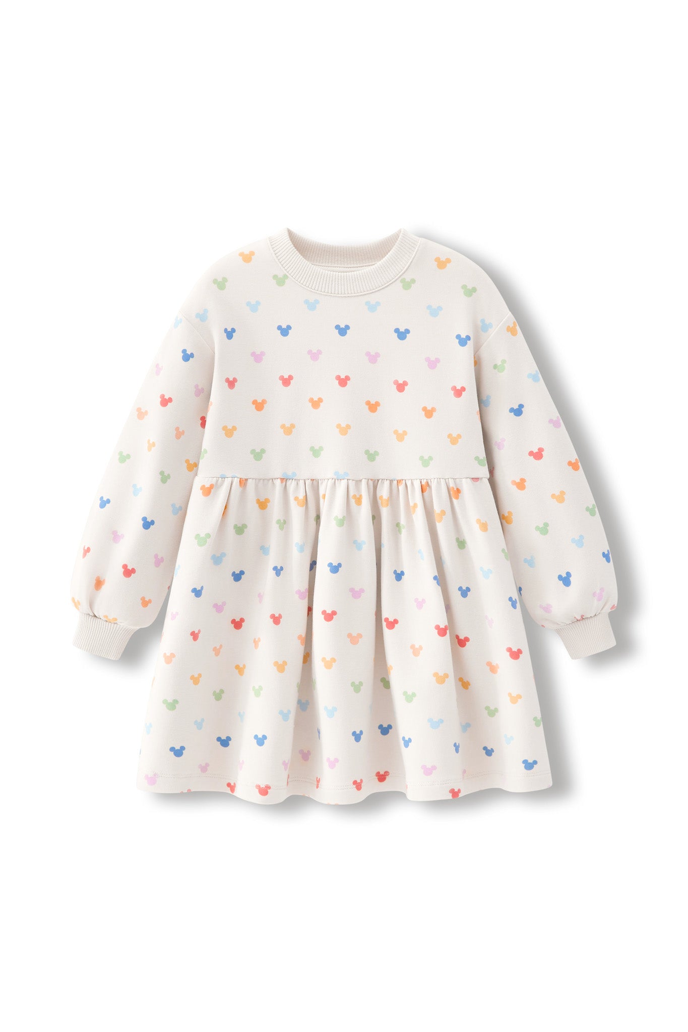 A long-sleeve baby dress in cream with a colorful pattern of small mickey heads in pastel shades of blue, pink, orange, and green, displayed on a clean white background.
