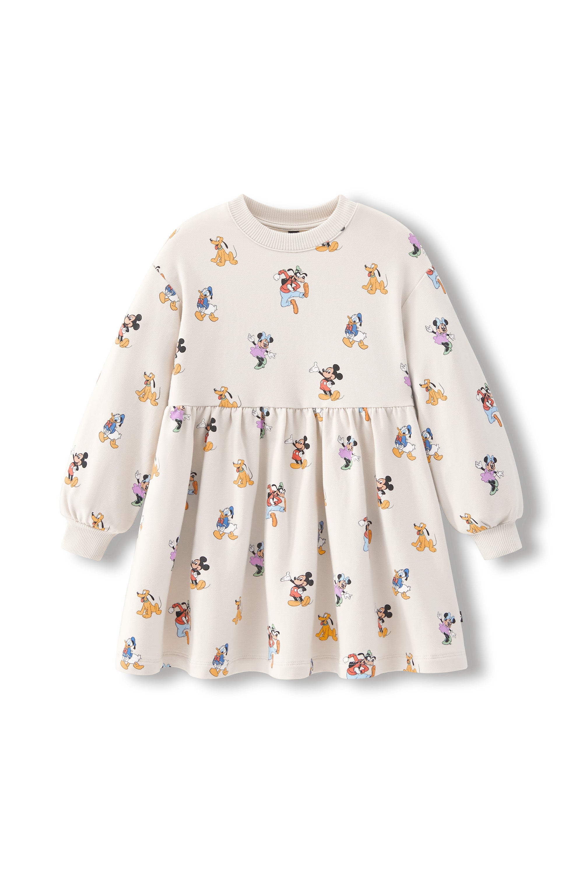 A long-sleeve baby dress in cream with a colorful cartoon mickey character print, featuring a gathered waist and elastic neckline, shown against a plain white background.