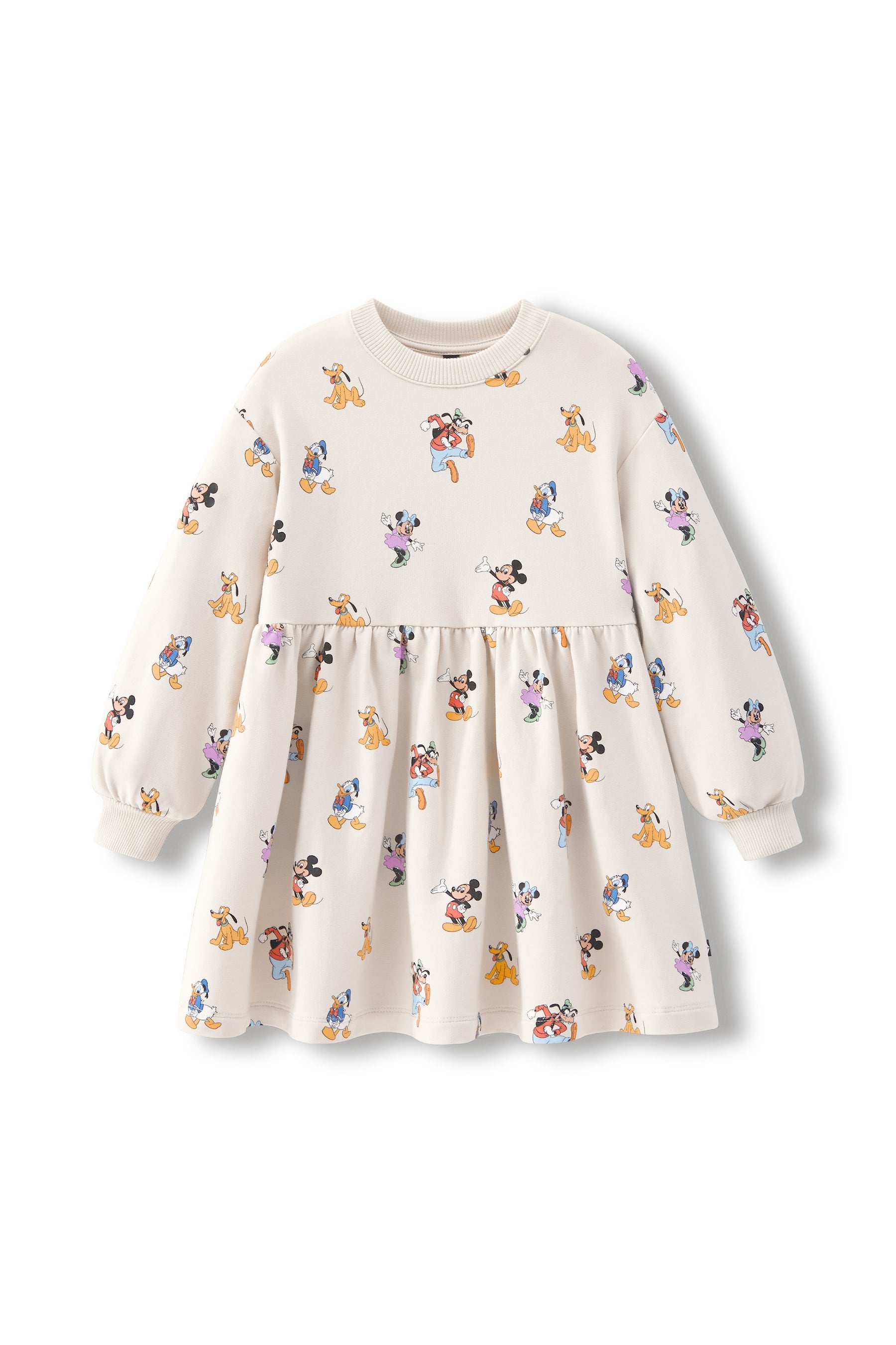 A long-sleeve baby dress in cream with a colorful cartoon mickey character print, featuring a gathered waist and elastic neckline, shown against a plain white background.