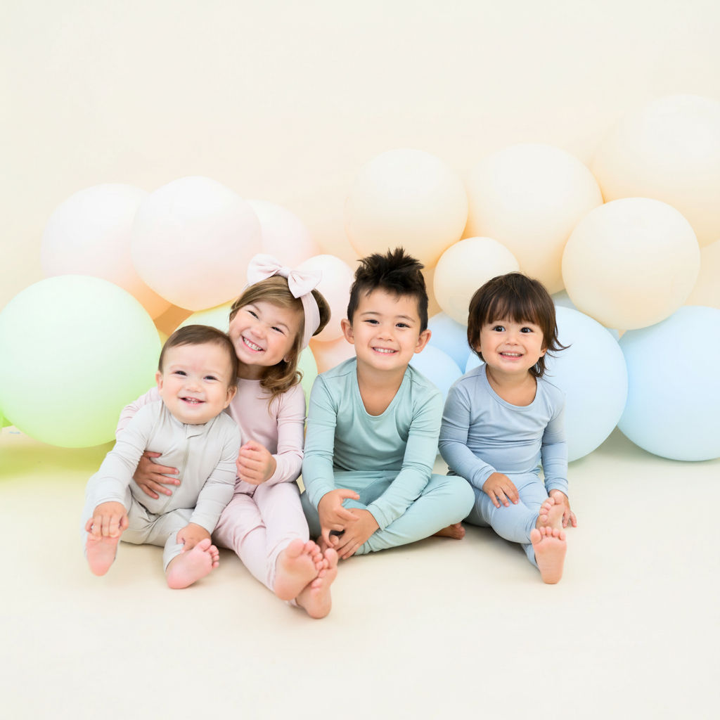 4 kids wearing pastel pajamas with balloons in the background