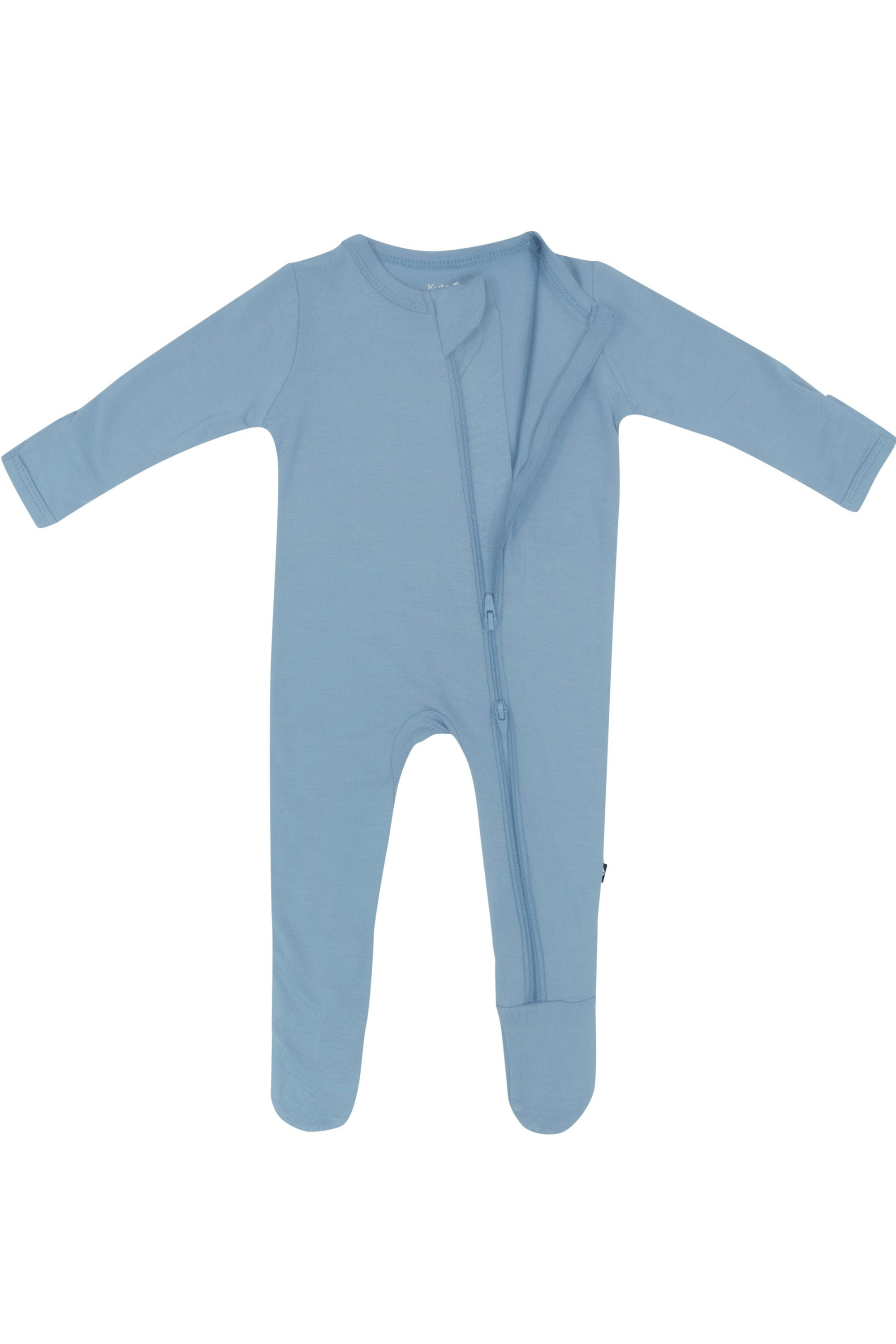 Blue baby footie pajama with dual zipper on a white background