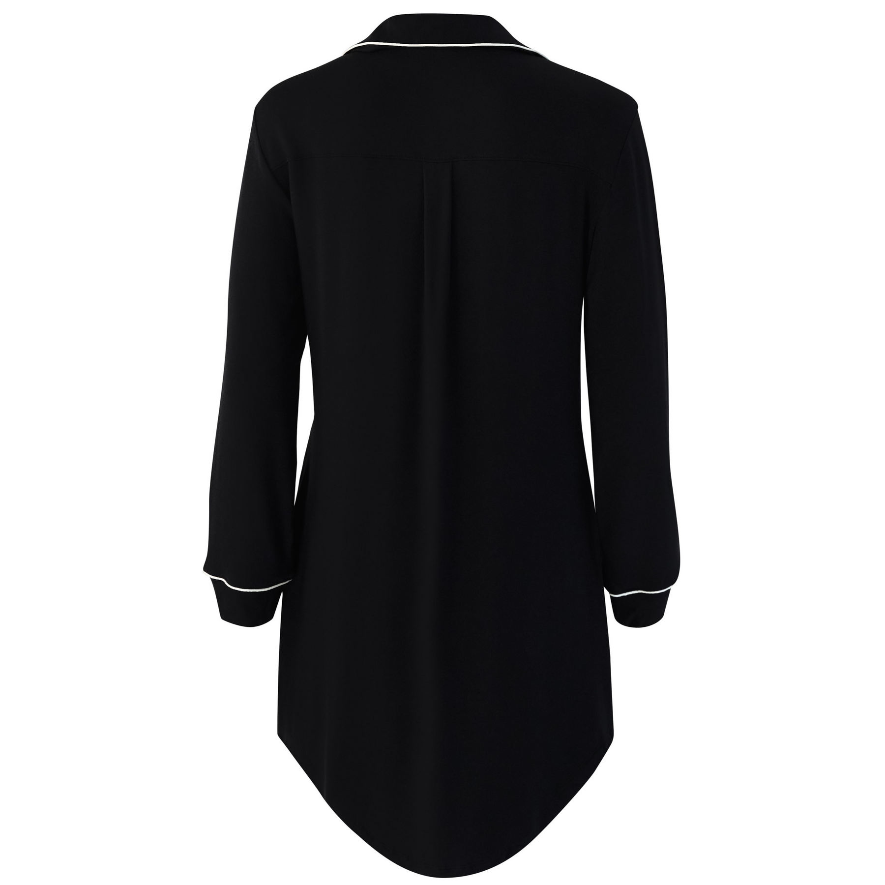 Black night shirt with white trim on a white background