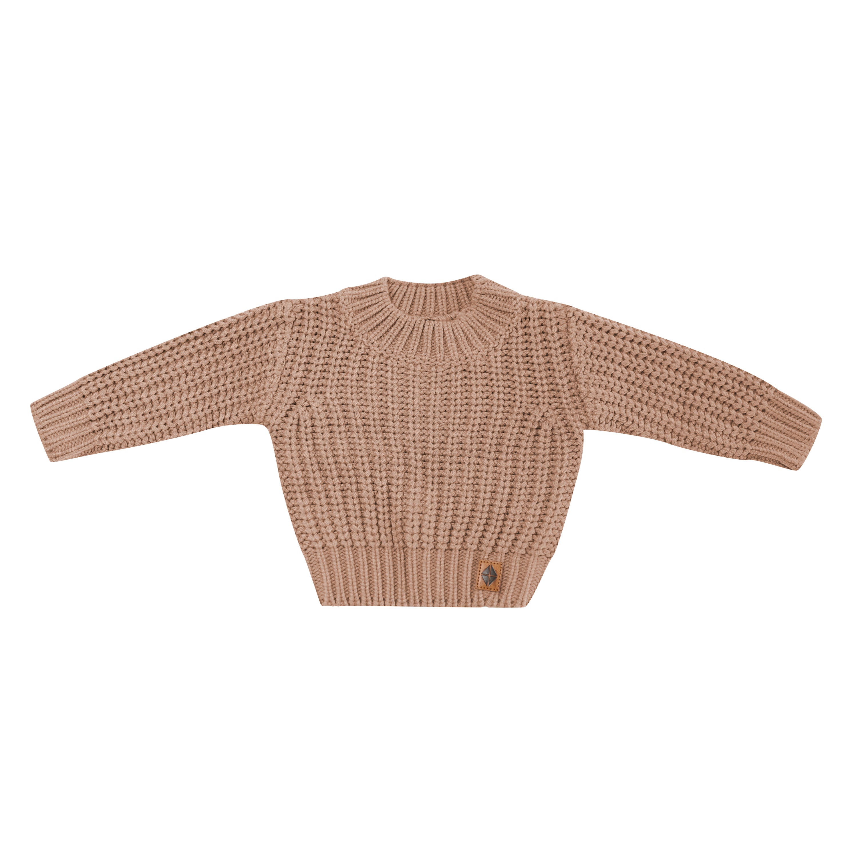 Product photo of the Chunky Knit Sweater in Latte with the Kyte Baby vegan leather tag visible