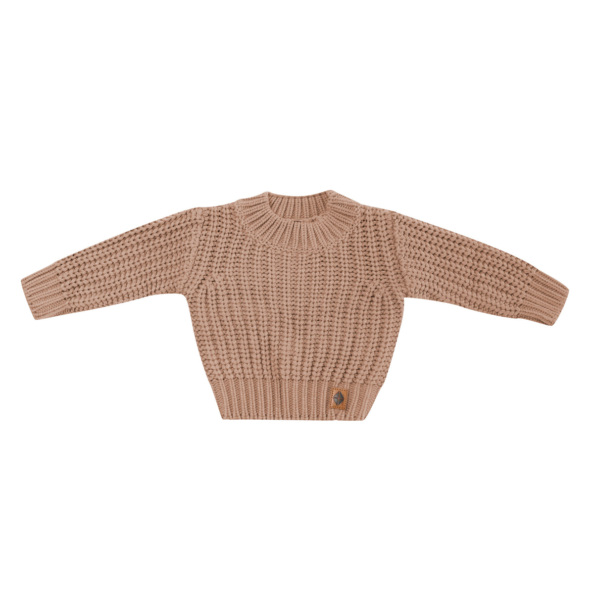 Product photo of the Chunky Knit Sweater in Latte with the Kyte Baby vegan leather tag visible